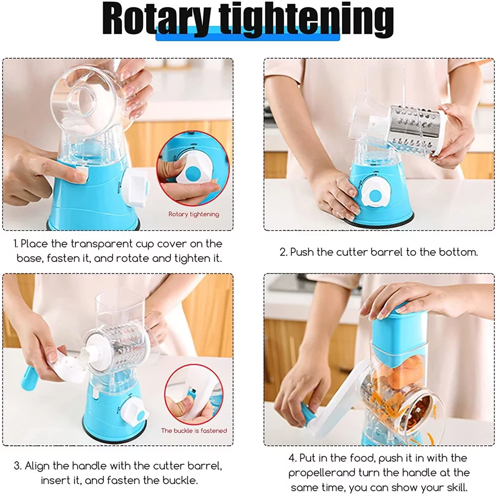 Jahyshow Multi-Functional Cheese Grater - Durable Rotary System with 3 Steel Barrels