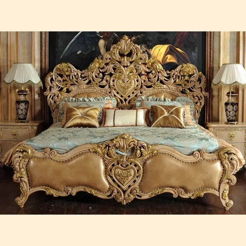 Custom European villa double bed solid wood 1.8m carved princess  leather wedding French court furniture