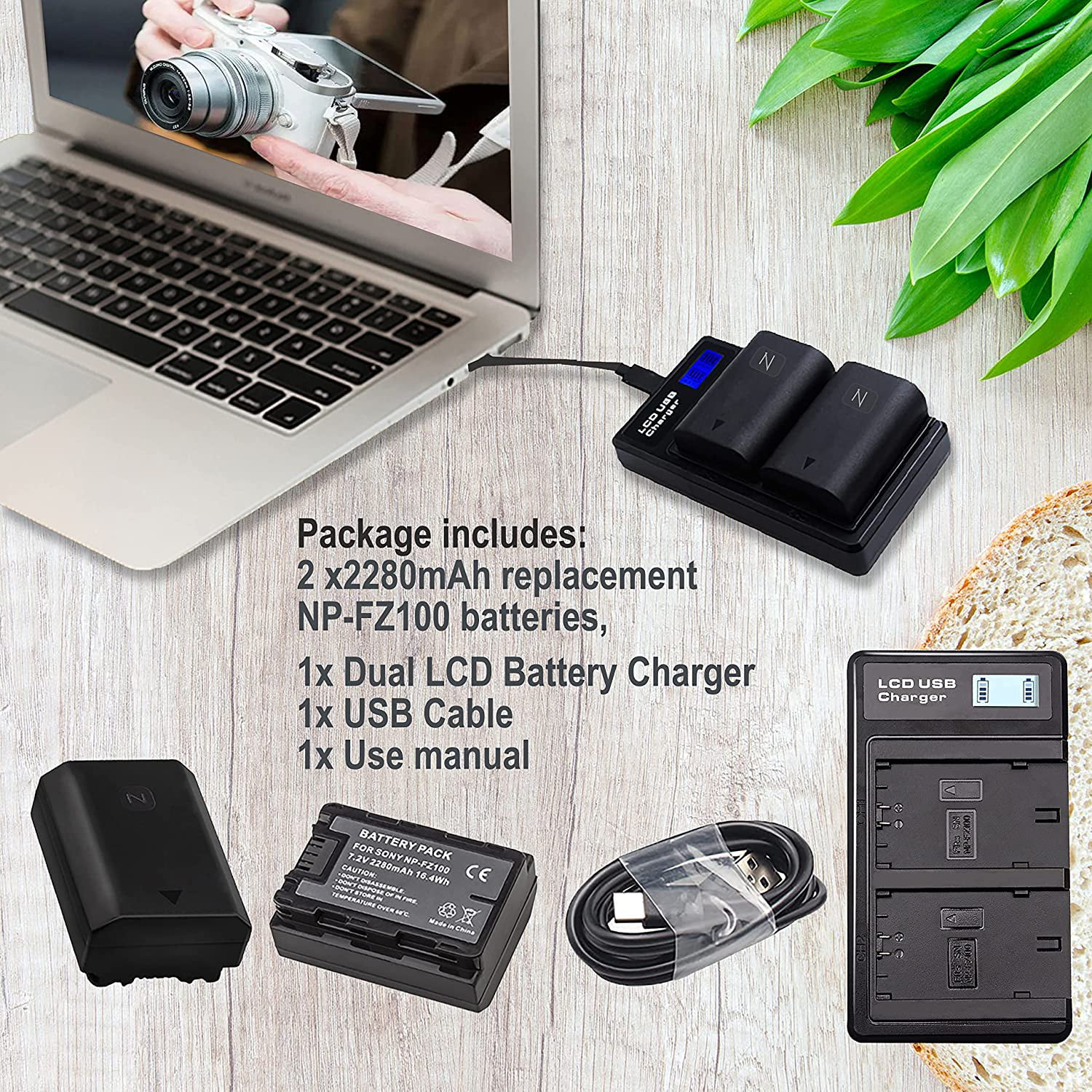 NATNO 2 Pack 2280mAh NP-FZ100 Battery Kit with LCD Display USB Charger Replacement for Sony A7M3K BC-QZ1, Alpha A1 A7III A7IV A7RIII A7RIV A7C A7SIII A9 A9II A9R A9S Camera, Cinema Line ILME-FX3