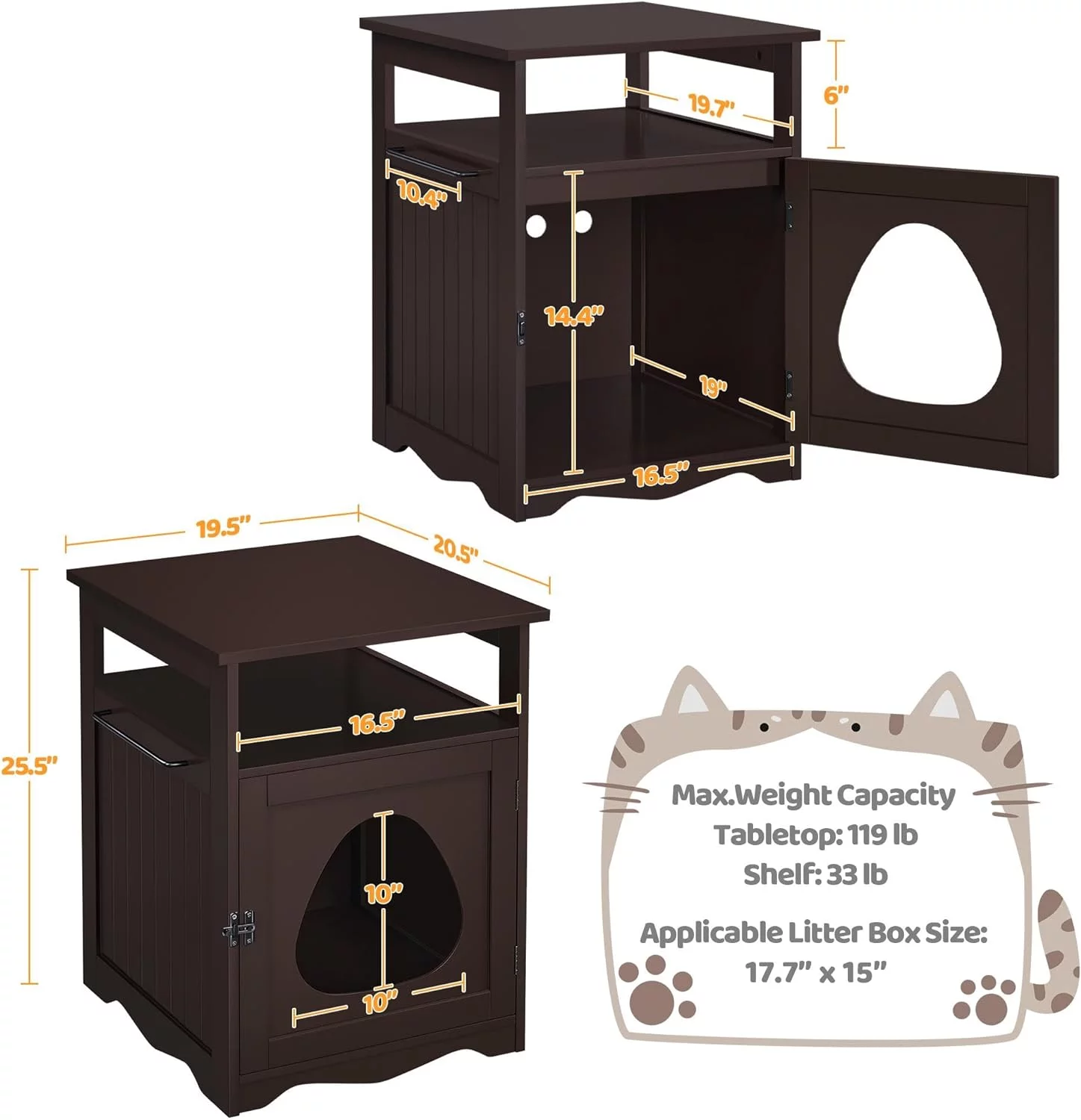Cat Litter Box Enclosure, Hidden Cat Washroom Furniture, Lockable Pet Side Table with Wooden Structure Open Shelf, Decorative Pet House for Bathroom/Living Room Espresso