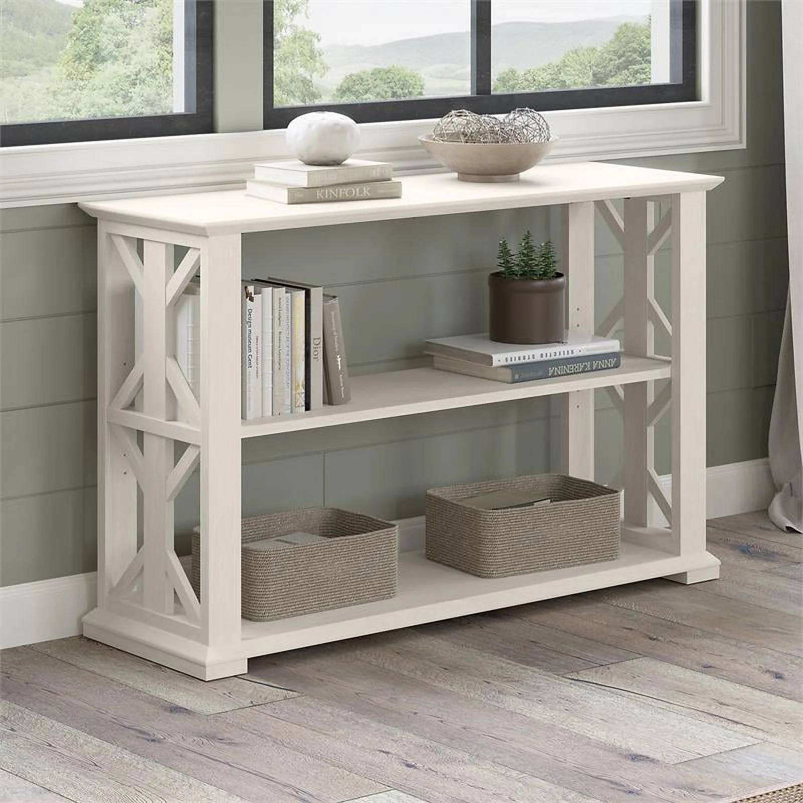 Pemberly Row Console Table with Shelves in Linen White Oak - Engineered Wood