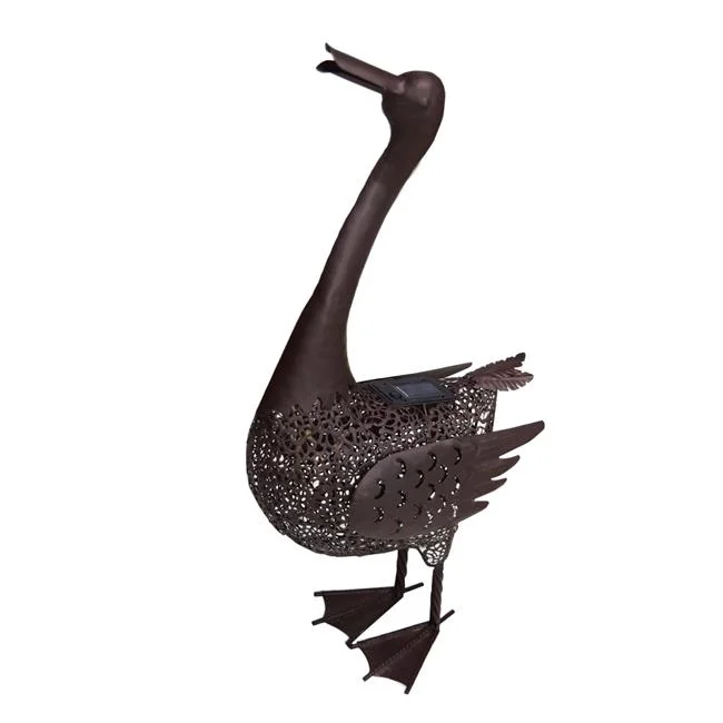 25 in. Steel Indoor & Outdoor Animal Garden Duck Metal Sculpture Statue with Solar Light & Ground Stake, Hammer Tone Bronze