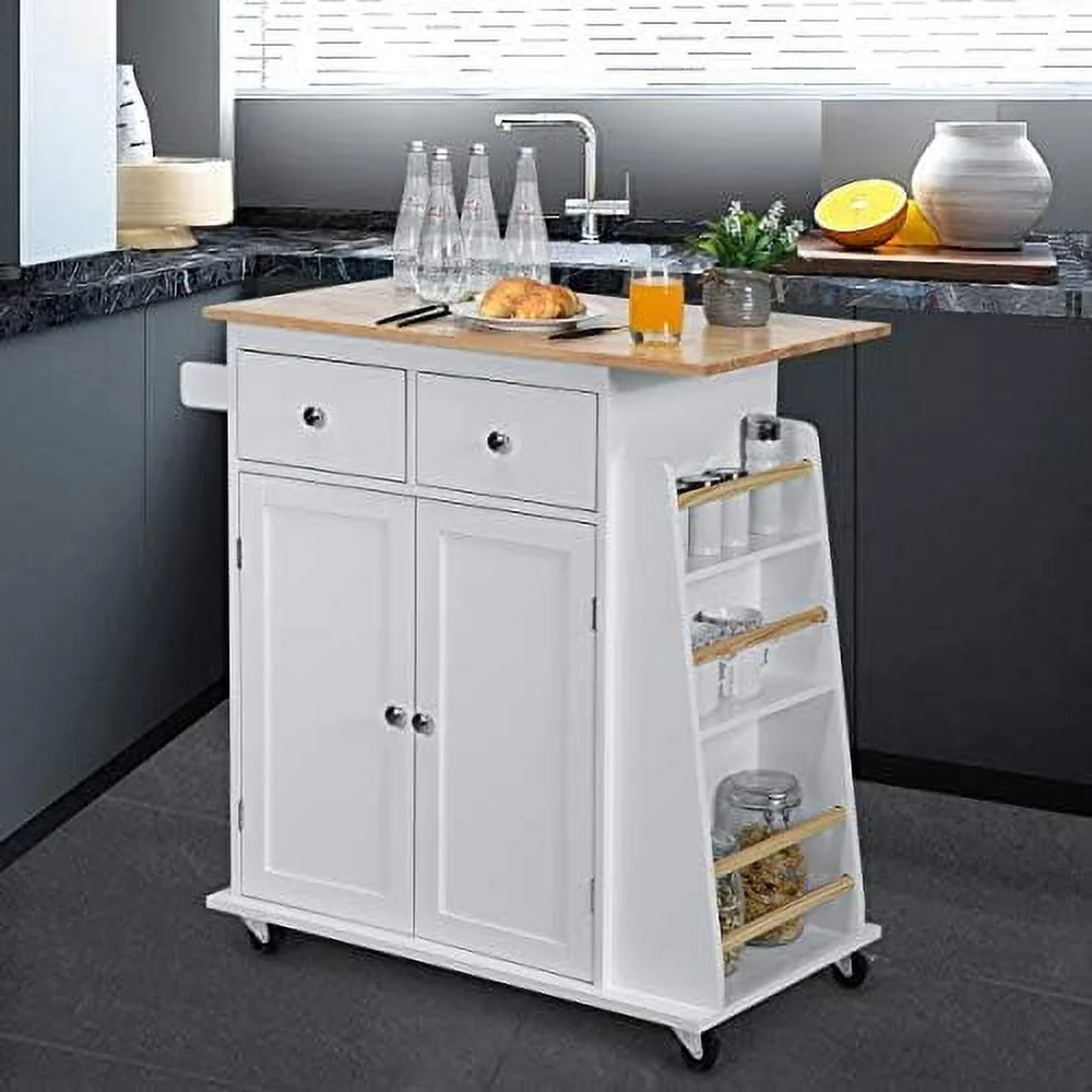 CHGTYS Kitchen Island Cart  Rolling Wood Trolley with  Cabinet  Towel Handle  2 Drawers  Side Spice Rack and Wine Bottle Rack  Kitchen Cart on Wheels  Rubber Wood Countertop (Black)