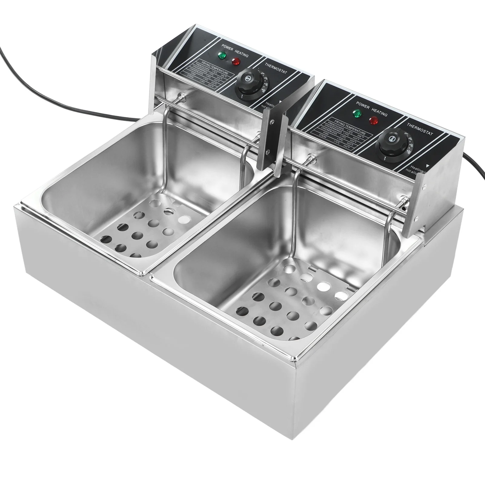 Electric Deep Fryer Double Cylinder Double Basket Stainless Steel Countertop Fryer Adjustable Temperature US Plug 110V 2500+2500W