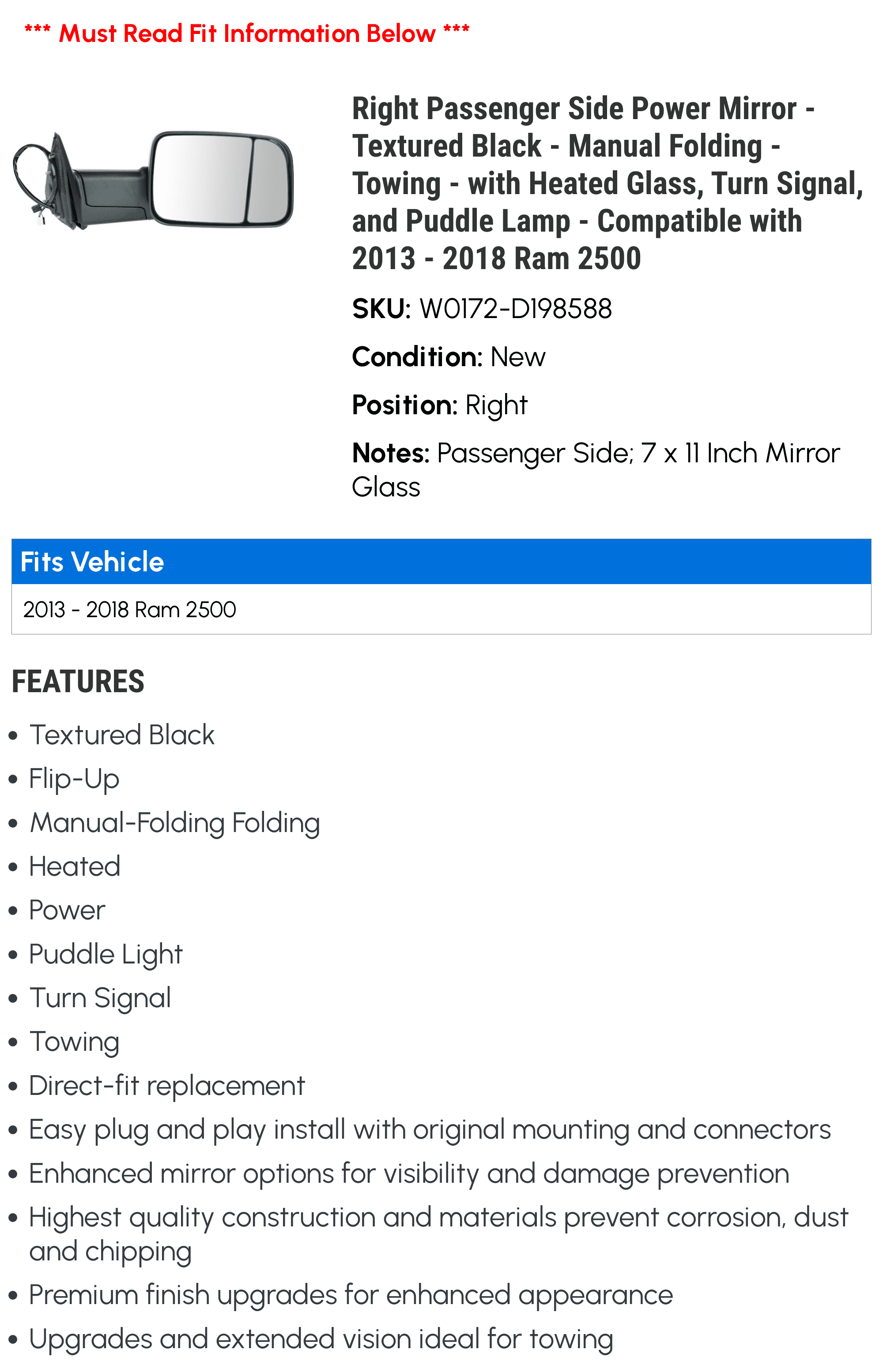 Right Passenger Side Power Mirror - Textured Black - Manual Folding - Towing - with Heated Glass, Turn Signal, and Puddle Lamp - Compatible with 2013 - 2018 Ram 2500 2014 2015 2016 2017