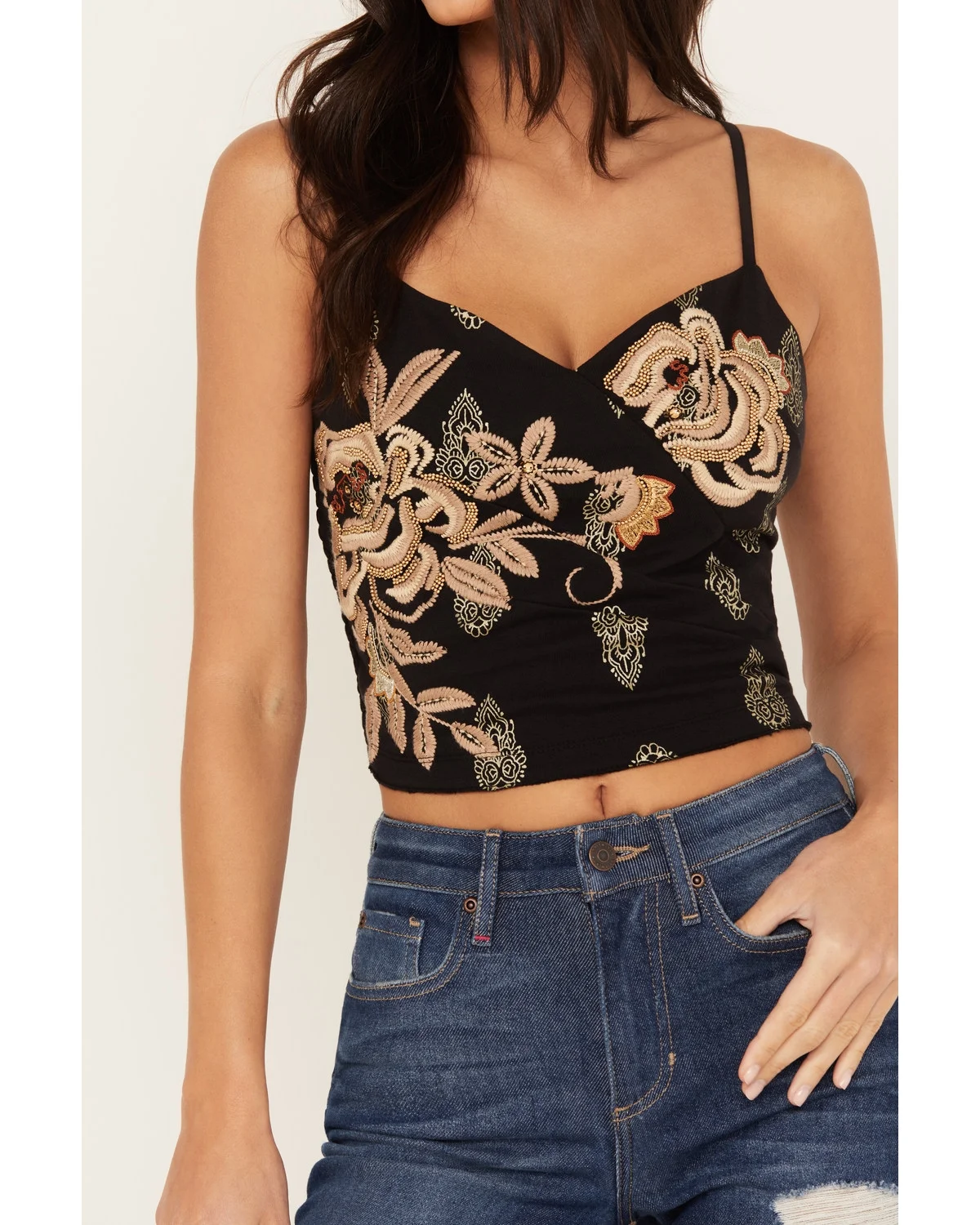 Idyllwind Women's Jessamine Embroidered Smocked Back Crop Top Black Small  US