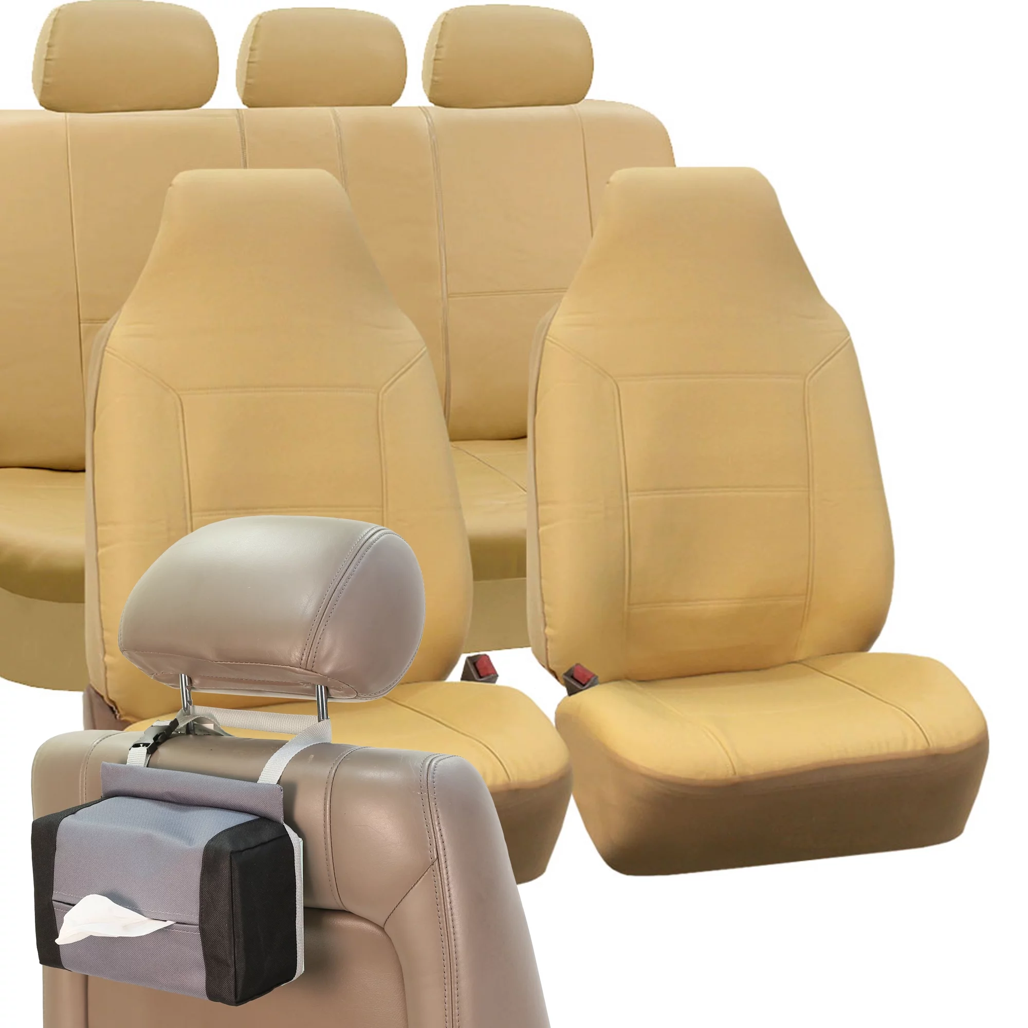 FH Group Royal Leather Car Seat Covers for Highback Seat Auto, Full Seat Covers Set with Tissue Dispenser, Beige Black