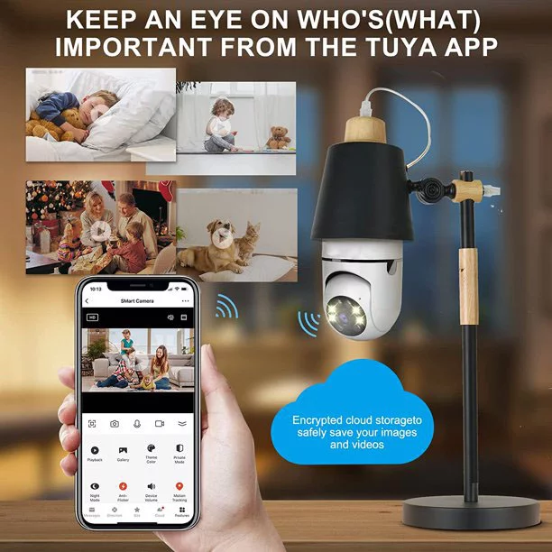 Light Bulb Camera, 3.0MP Wireless 2.4 GHz WiFi Security Camera, Tuya App, 360 PTZ Night Vision, Human Motion Detection & Alarm