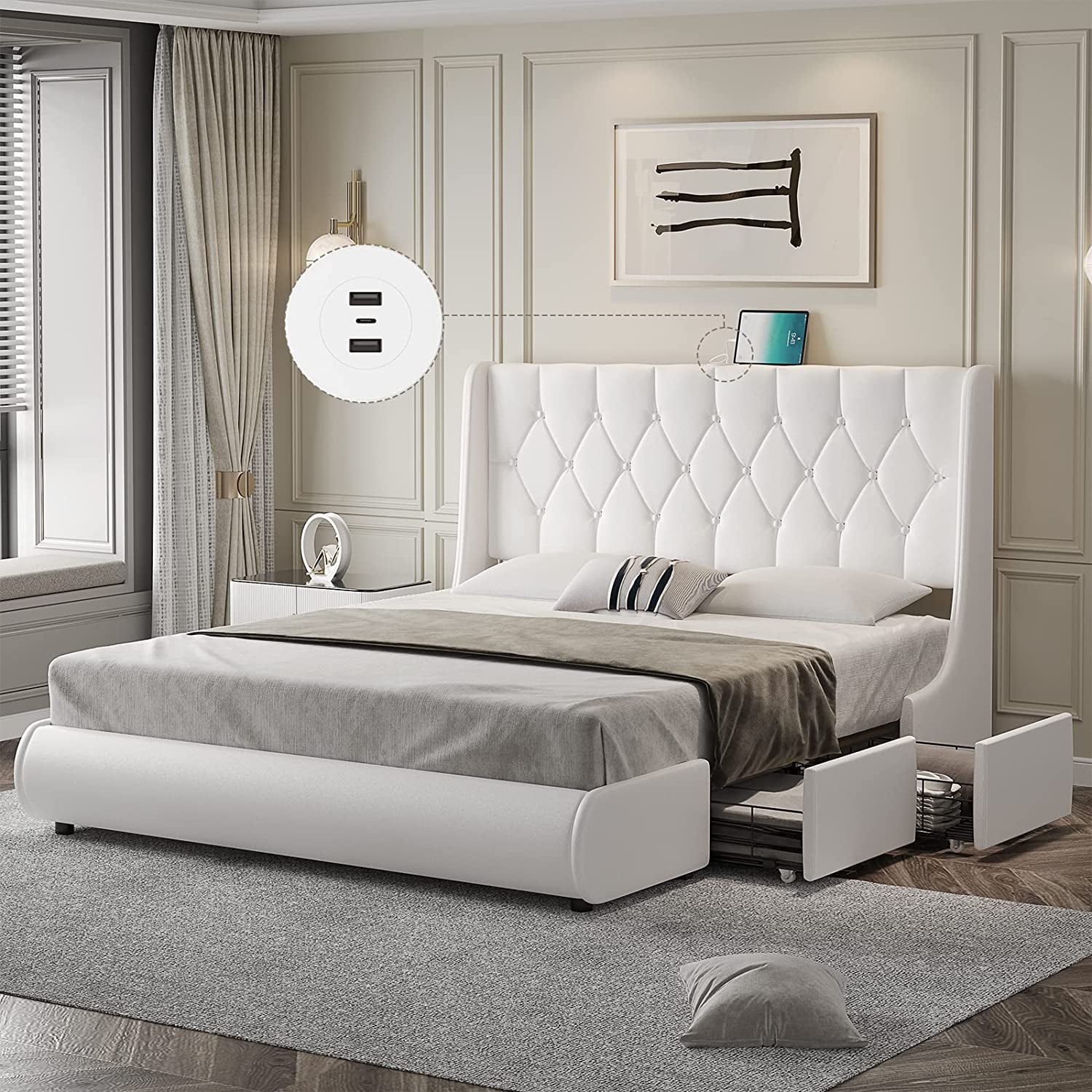 Queen Bed Frame ，Modern White Button Tufted Faux Leather Upholstered Low Profile Platform Bed Frame With Wingback Headboard ，USB Ports 4 Drawers Storage, White
