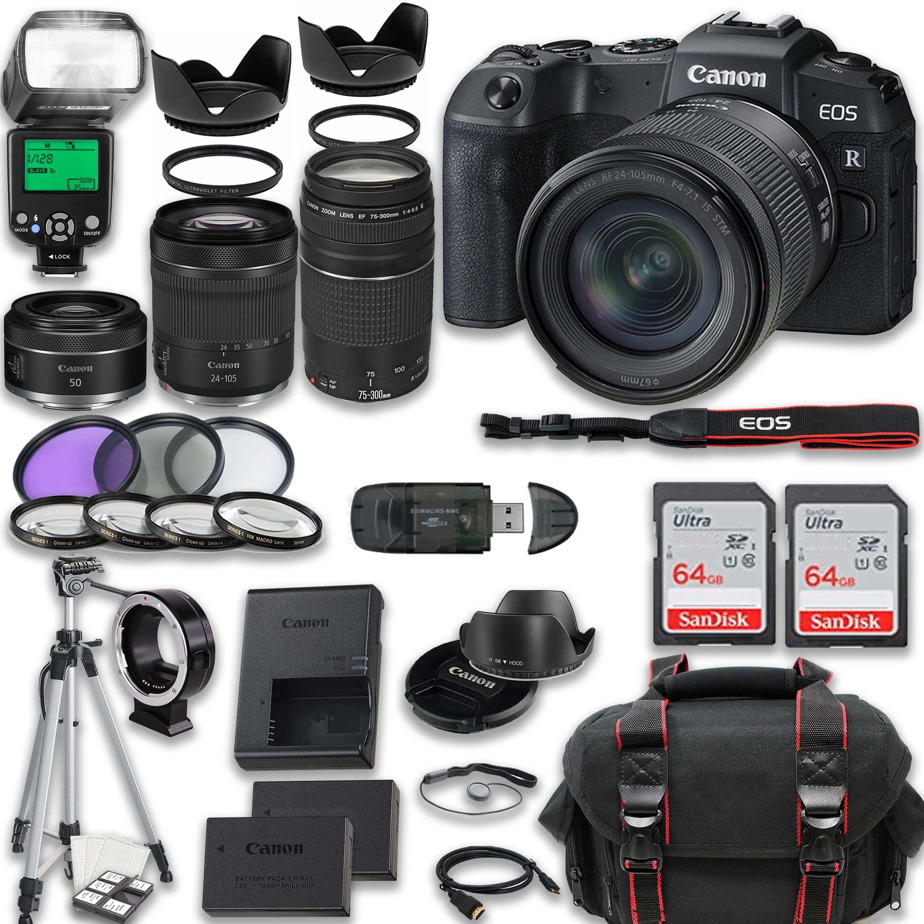 Canon EOS RP Mirrorless Camera with Canon RF 24-105mm STM Lens + EF 75-300mm f/4-5.6 III Lens + RF 50mm f/1.8 STM Lens + 2X 64GB Memory Cards + Accessories included: TTL Flash, Extra Battery & More