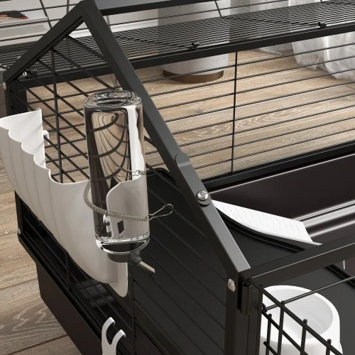 PawHut Small Animal Cage with Foldable Run Area, Rolling Bunny Cage, Guinea Pig Cage, Hedgehog Cage with Water Bottle, Water Bowl, and Ramps, 46.5