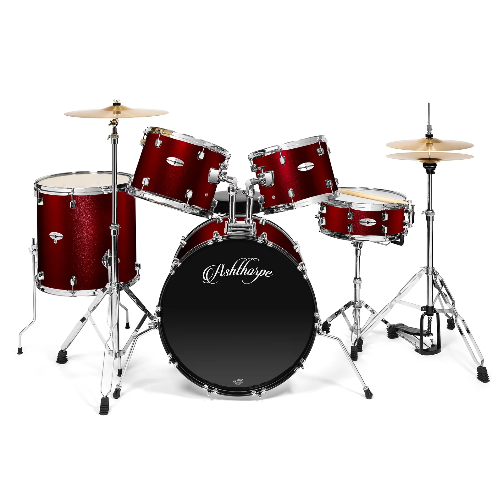 Ashthorpe 5-Piece Full Size Adult Drum Set with Remo Heads and Premium Brass Cymbals Complete Professional Percussion Kit, Chrome Hardware, Red