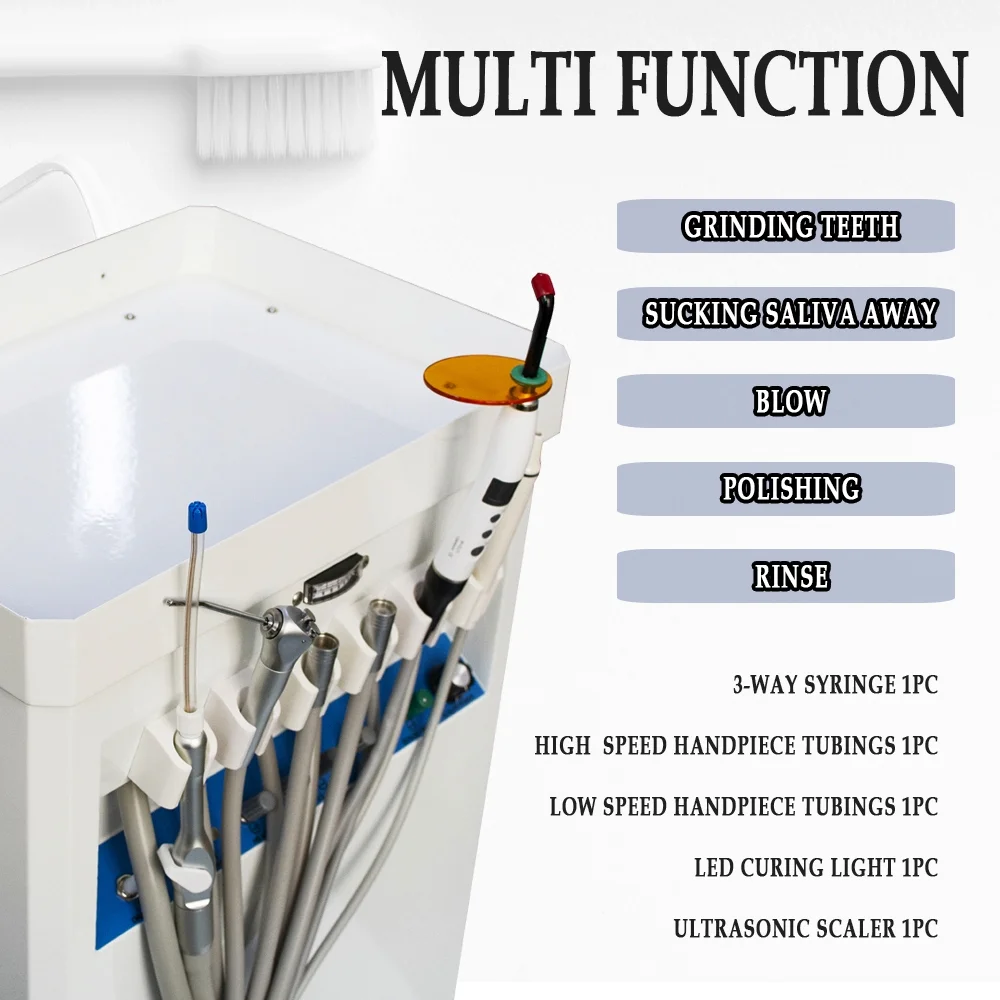 Dental Delivery Unit Cart with Portable Air Compressor for Mobile Treatment - Suction, Curing Light, Scaler, Turbine included - 4 Hole System for Best Oral Care