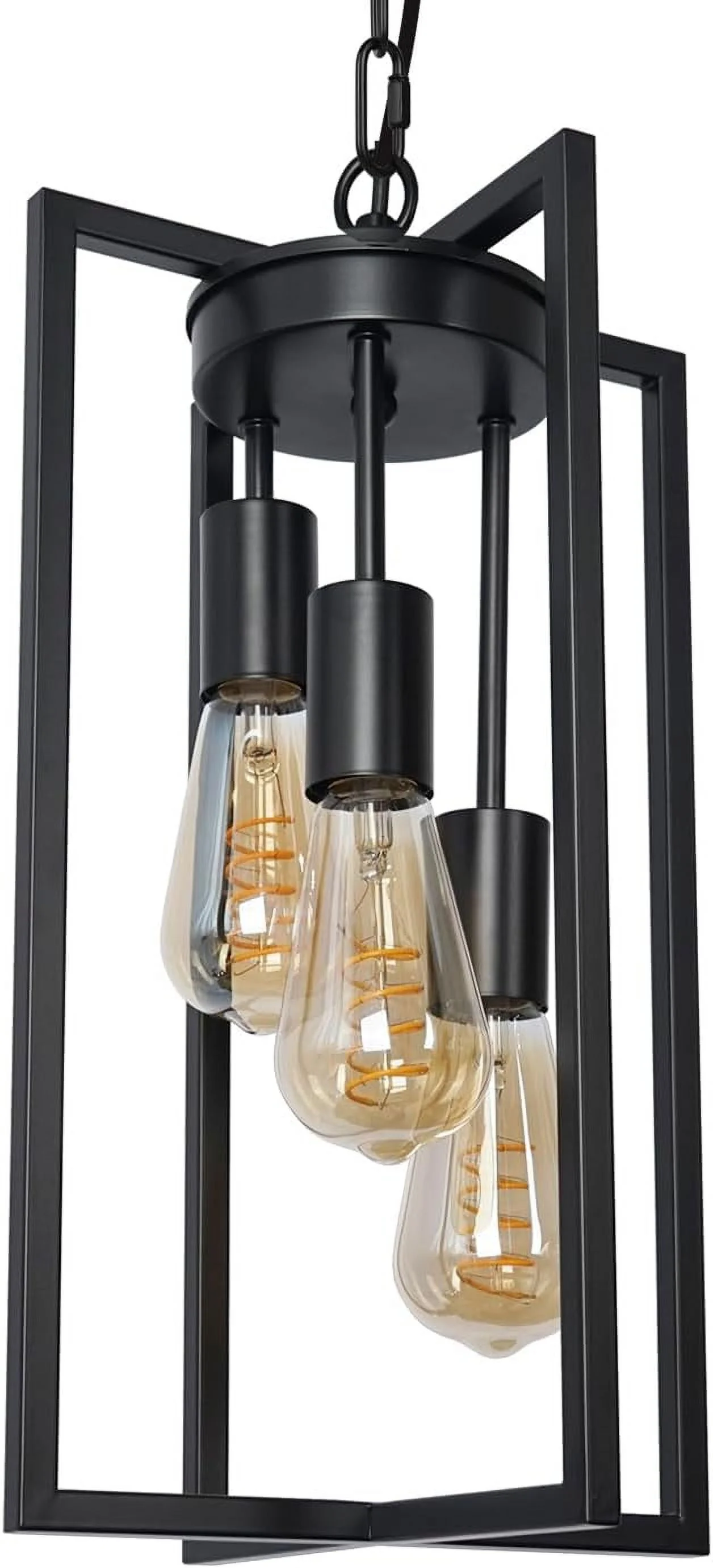 Modern Black Industrial Farmhouse Pendant Lighting, Rectangle Metal Cage Chandelier Hanging Light Fixture for Kitchen Island, Dining Room, Entryway, Hallway (3-Light)