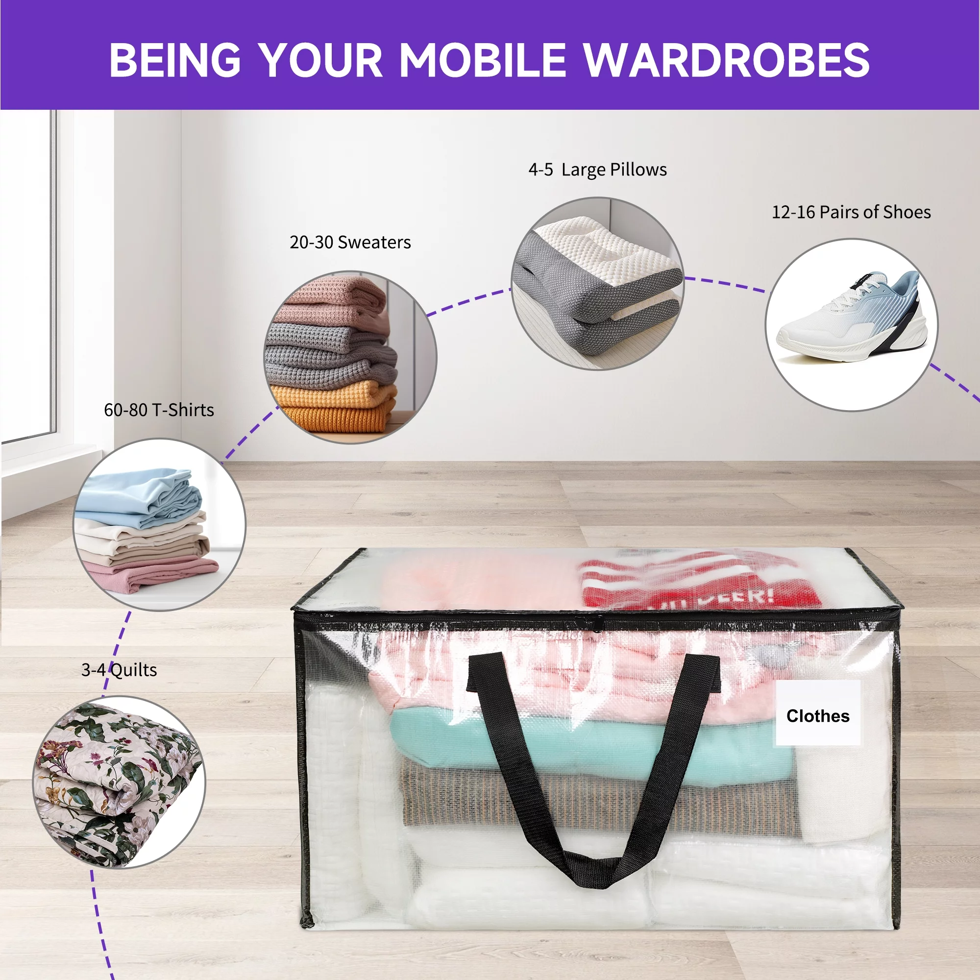 4 Pack Extra Large Moving Bags with Zippers Carrying Handles Heavy-Duty Storage Tote for Space Saving Moving Storage（Clear)