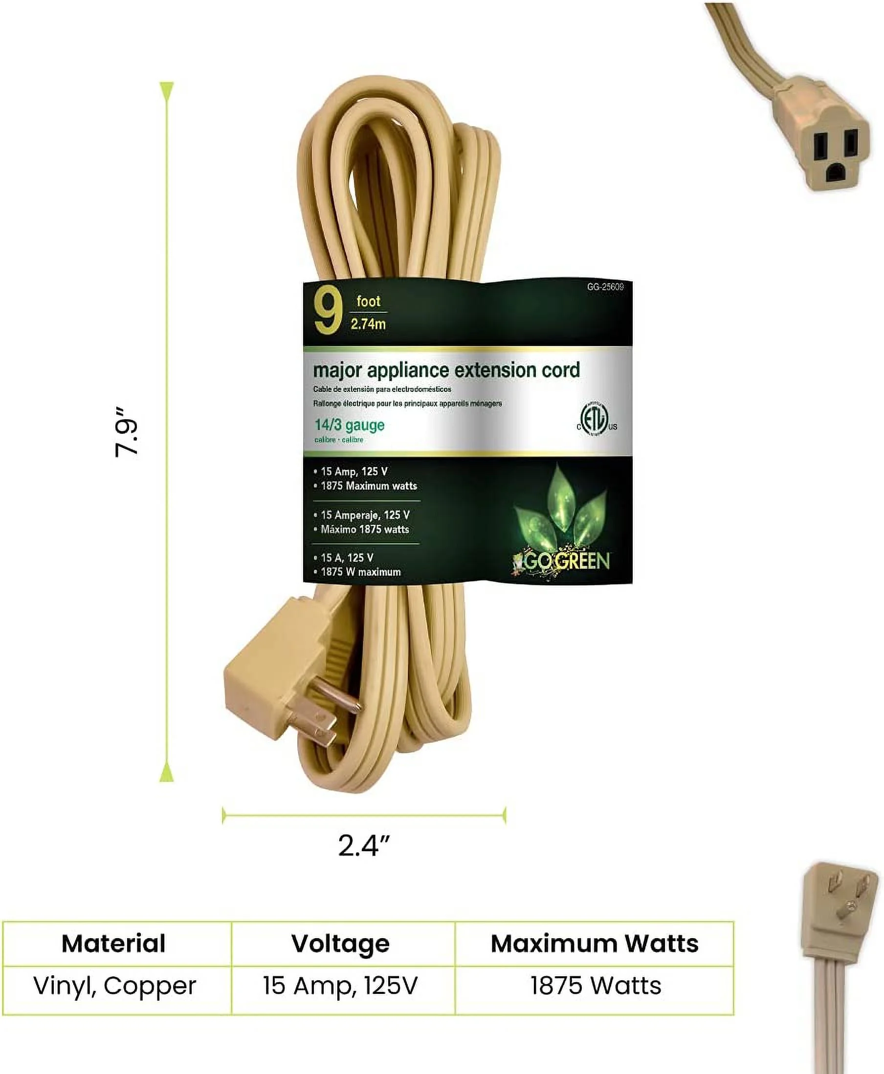 GoGreen Power (GG-25609) 14/3 9' SPT Appliance Cord, Beige, 9 Ft