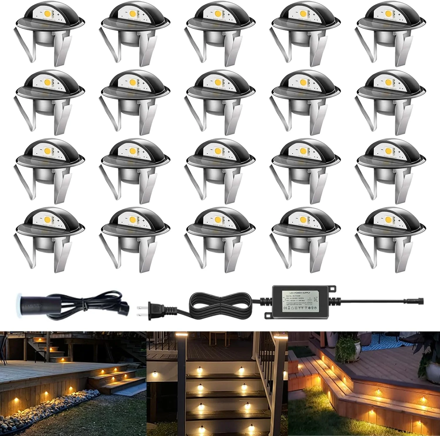OUWI LED Outdoor Deck Lights with Photocell, Φ1.38in Warm White 20 Pack Black, Low Voltage 12 Volt DC IP65 Waterproof, Electric Wired Recessed Stair Step Riser Mini Under Landscape Lighting for Yard