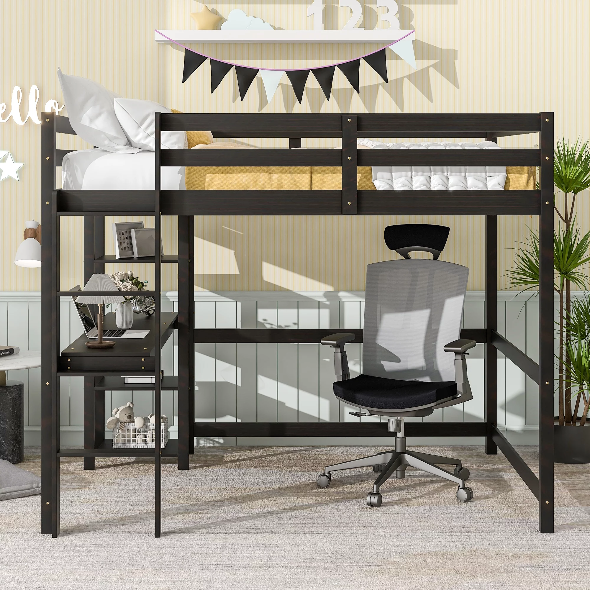 DeeHome Full Loft Bed with Desk and Shelves,Espresso