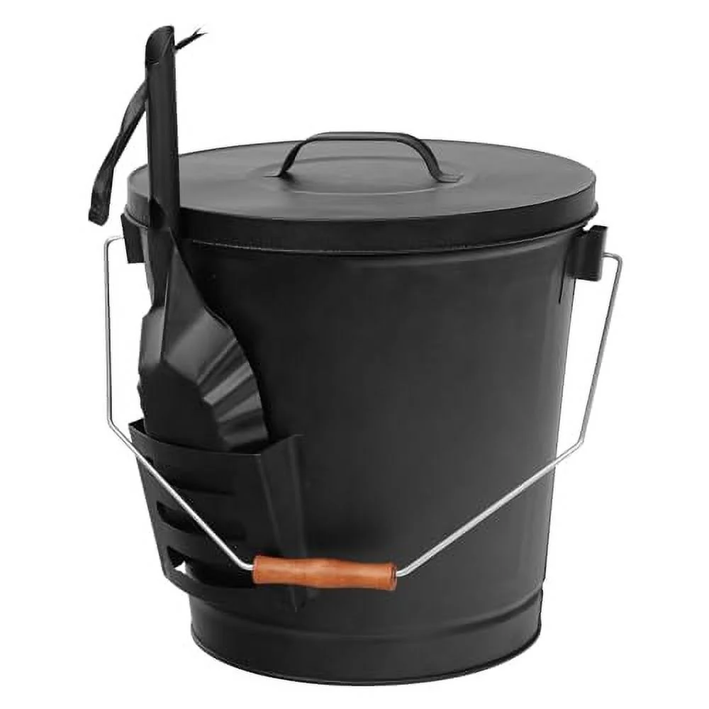 Ash Bucket with Lid and Shovel, 5.15 Gallon Large Galvanized Metal Hot Coal Wood Ash Carrier Pail for Fireplace, Fire Pits, Wood Burning Stoves, Grill, Outdoor Camping, Black