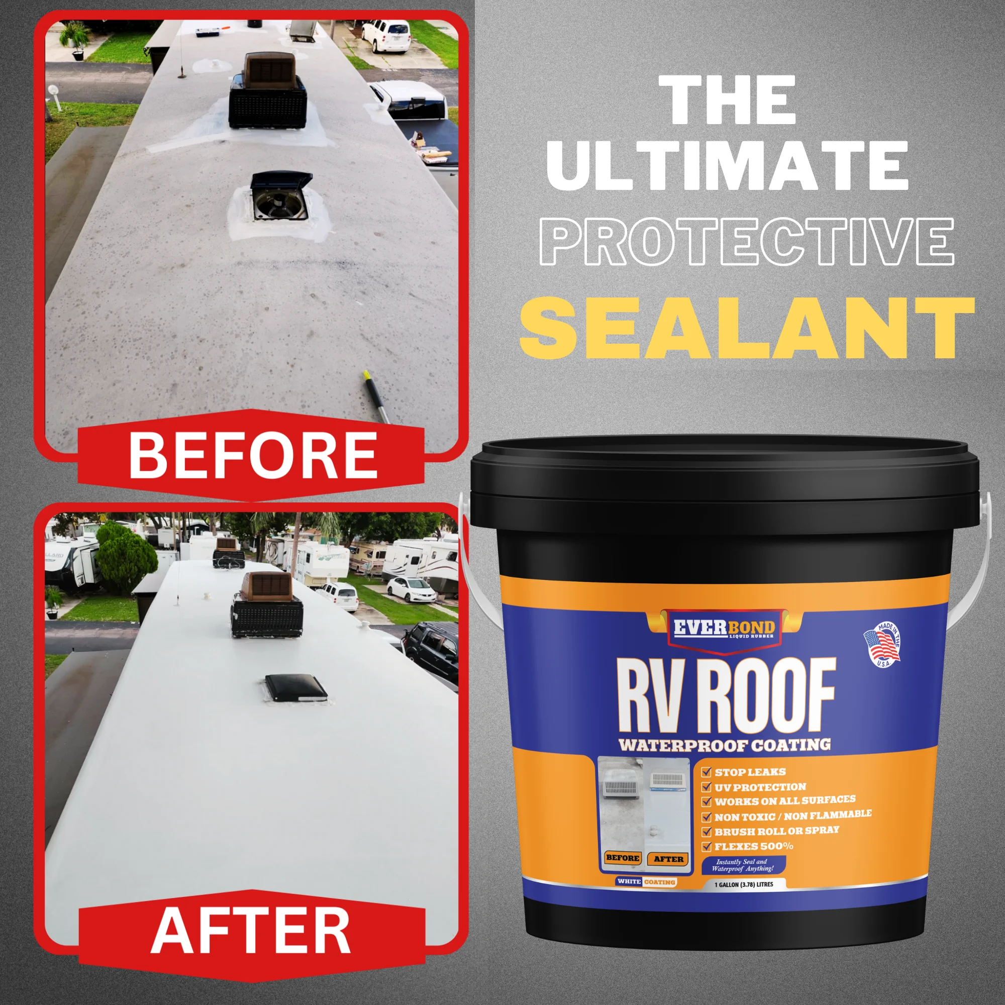 Everbond RV Roof Coating -Liquid Rubber Paintable Roof - 1 Gallon - White