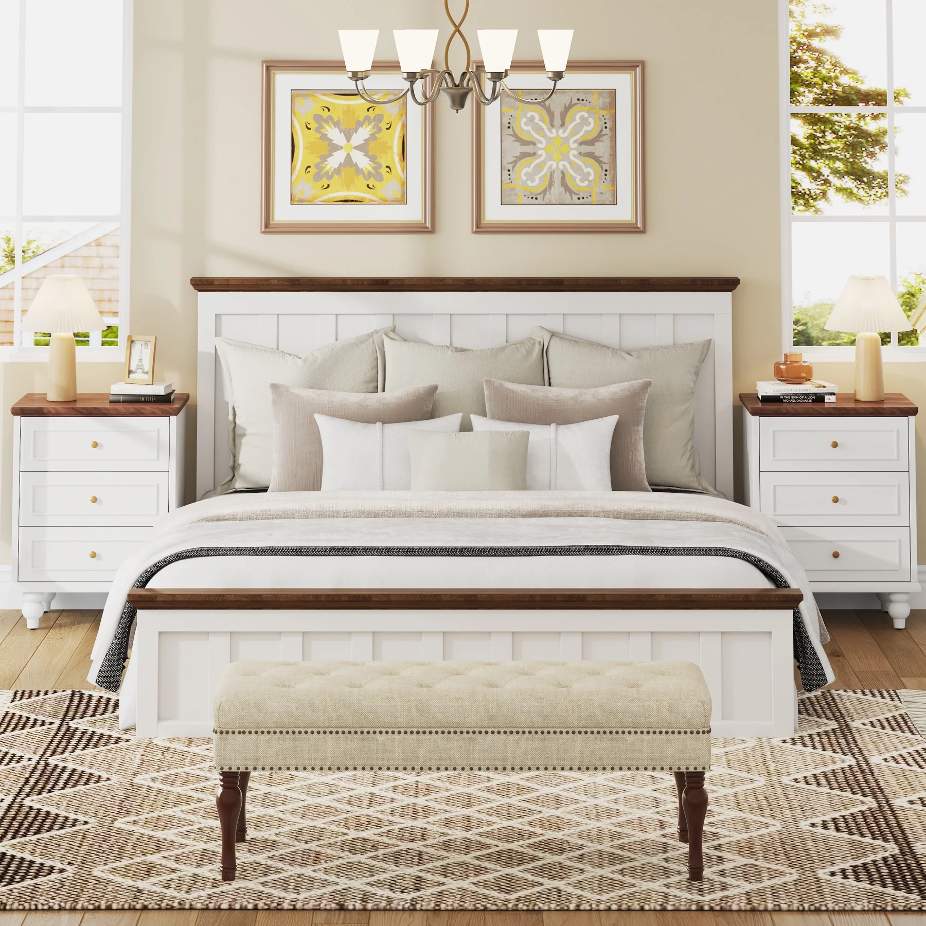 3-Drawer White Nightstand Bedside Table with Solid Wood Legs