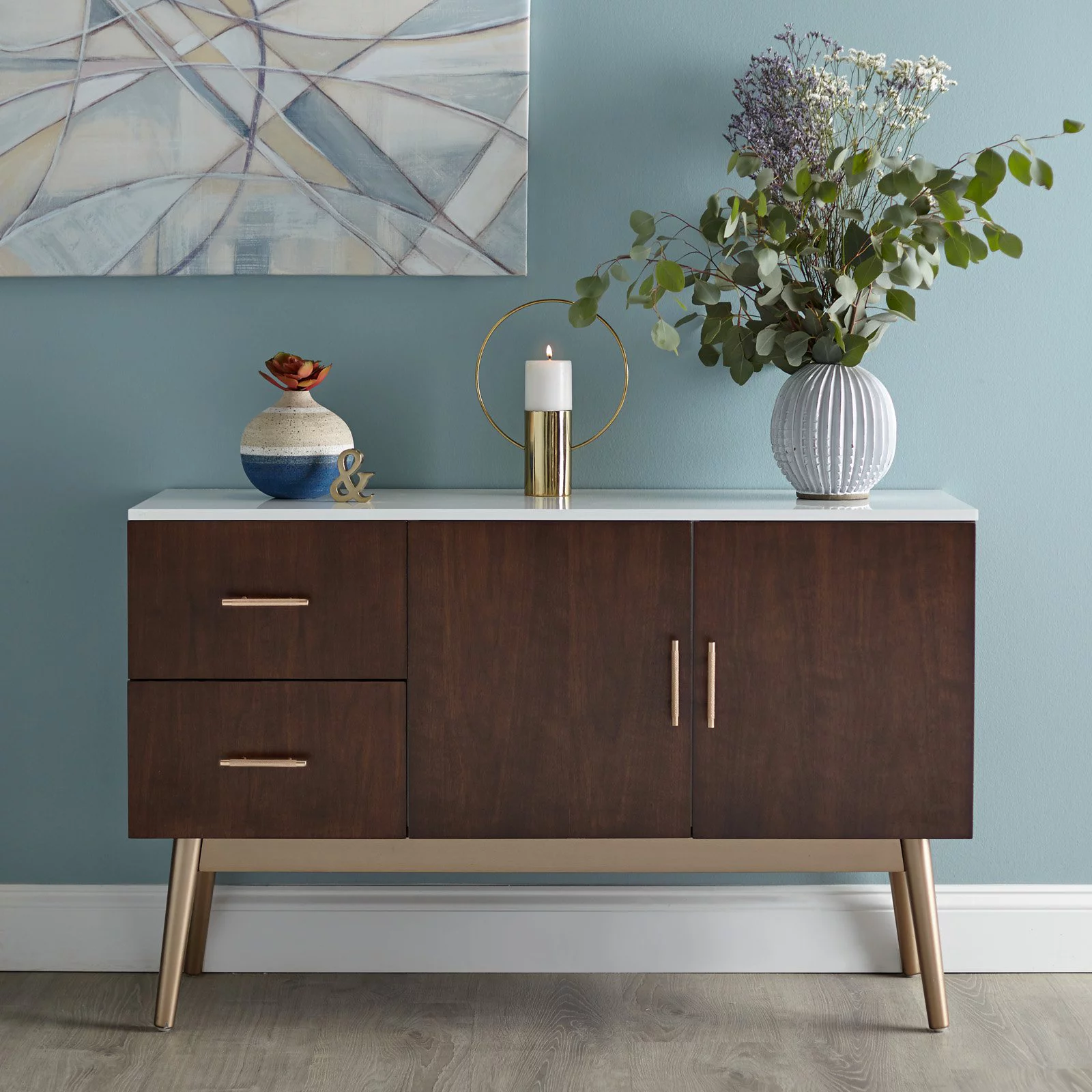 Simple Living  Stacy Mid-Century Buffet/Sideboard Walnut Walnut Finish Cabinets, Drawers