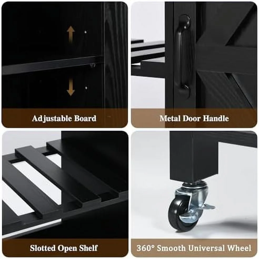 GVJMTKP Rolling Kitchen Island with   White Kitchen Island on Wheels Kitchen Cart with  Drawer and Adjustable   Wood Kitchen Island Table with Barn Door for Kitchen