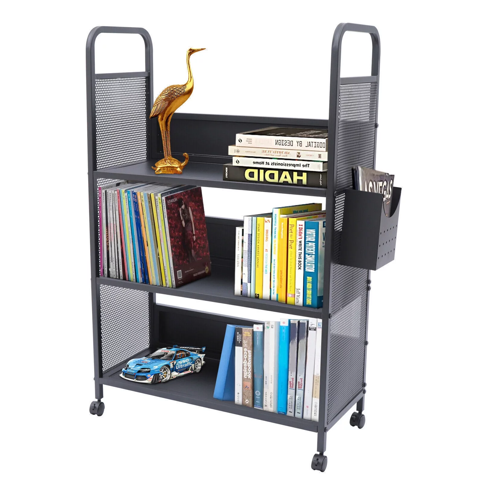 3-Tier Library Book Cart Rolling Storage Truck Rack W/Swivel Wheels
