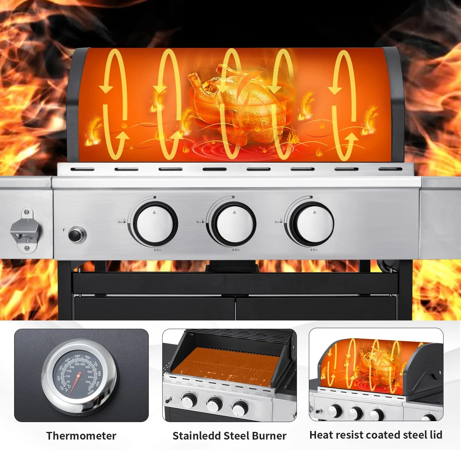 3 Burner BBQ Propane Gas Grill, 34,000 BTU Stainless Steel Patio Garden Barbecue Grill with Stove and Side Table