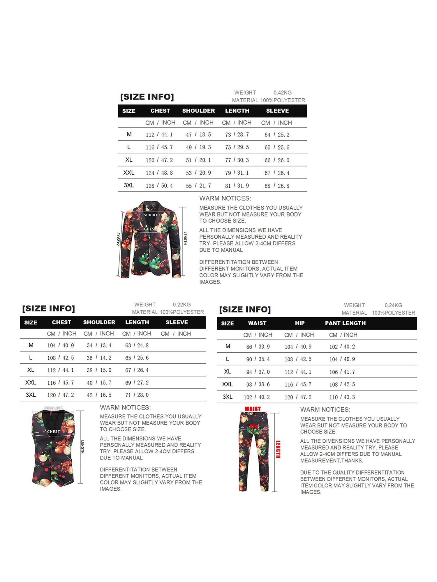 Genuiskids Men's Christmas 3 Piece Suit Print Turn-Down Collar Jacket + Sleeveless Split Vest + Elastic Waist Long Pants Funny Christmas Blazer Sets