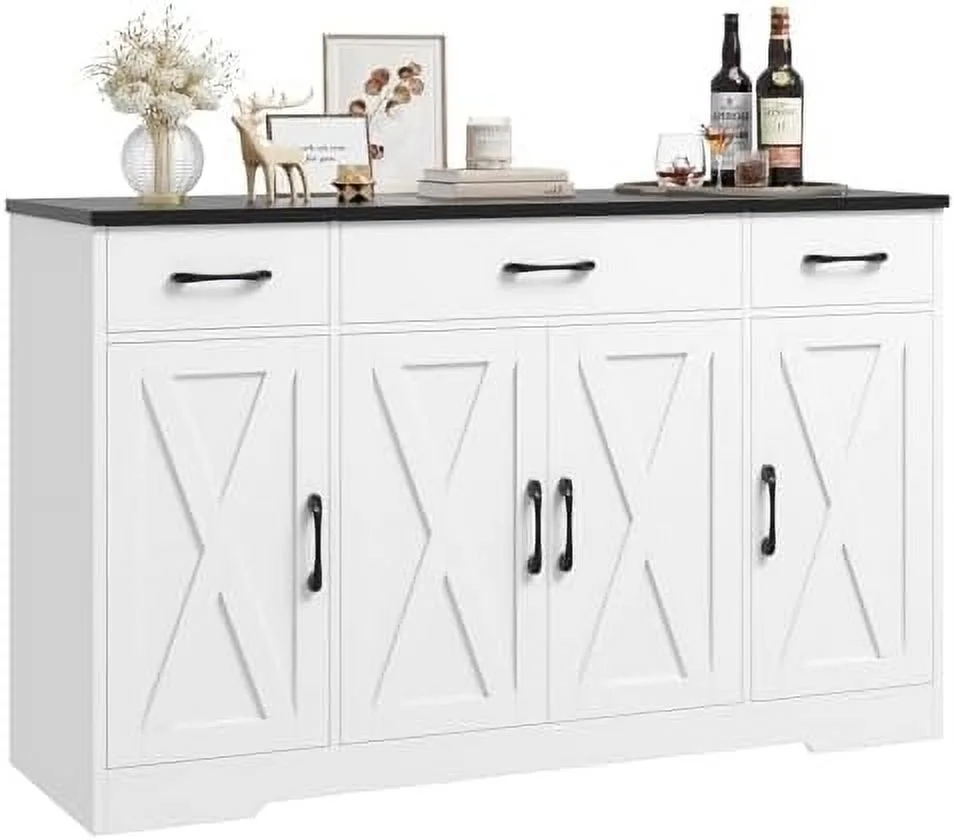 HBBOOMLIFE Buffet Cabinet with Drawers  55" Large Sideboard Buffet  Cabinet with Shelves & 4 Doors  Modern Farmhouse Coffee  Cabinet Wood Buffet Table for Kitchen  Dining Room  Wh