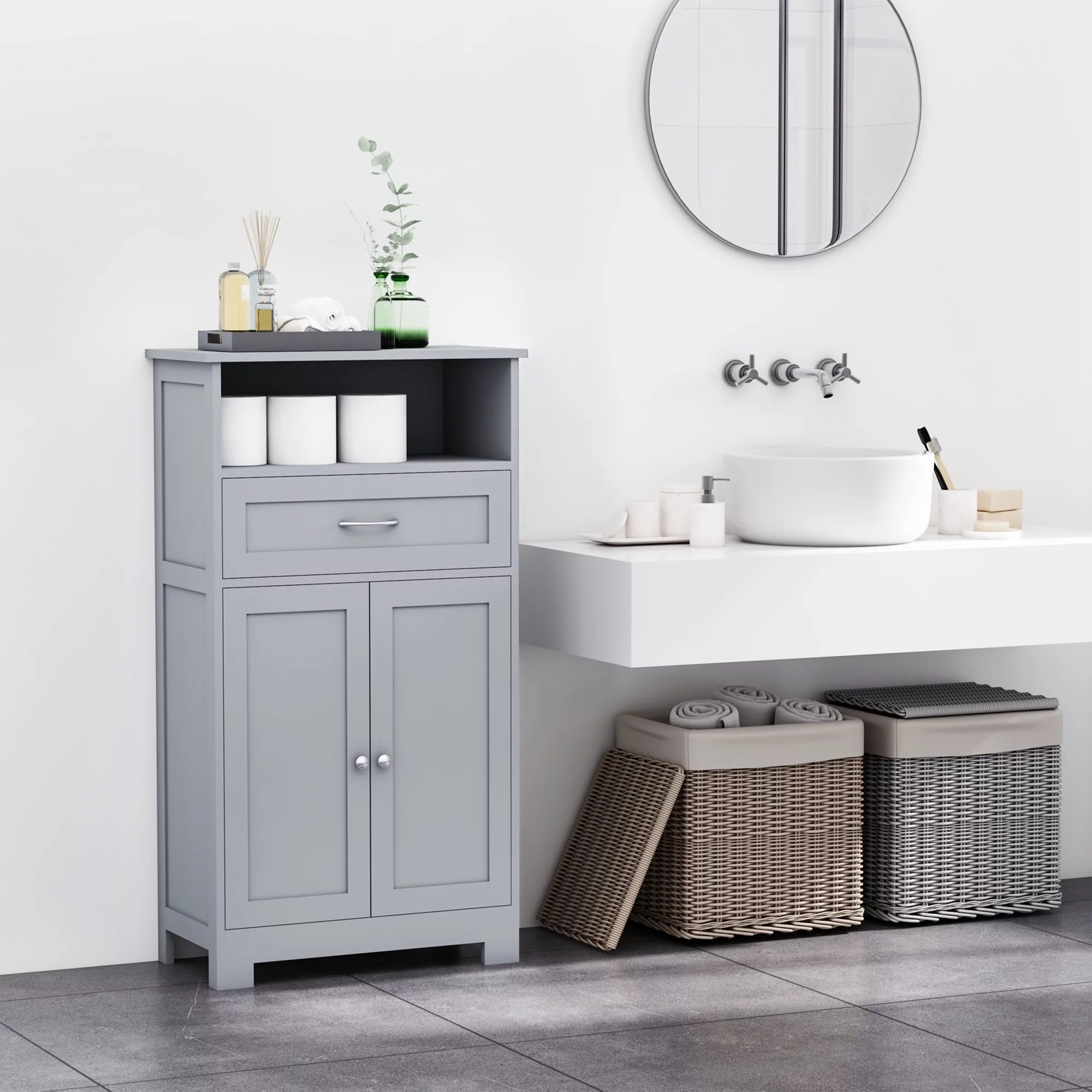 kleankin Modern Bathroom Floor Cabinet, Free Standing Storage Cabinet, Linen Cabinet with Drawer and Adjustable Shelf, Gray