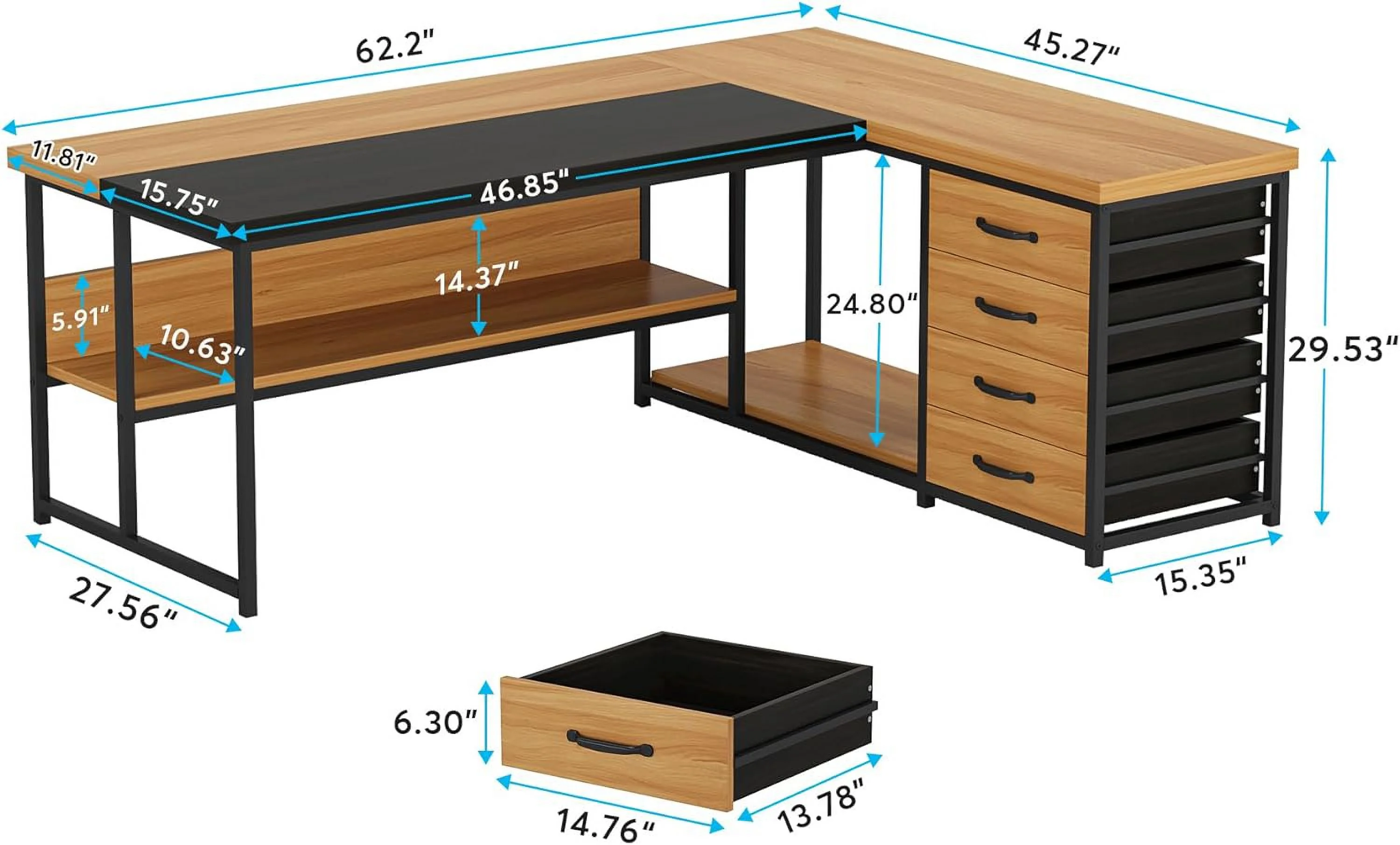 Tribesigns L-Shaped Desk with 4 Drawers, 62.2-Inch Computer Desk with Open Storage Shelves and CPU Stand, Light Brown & Black