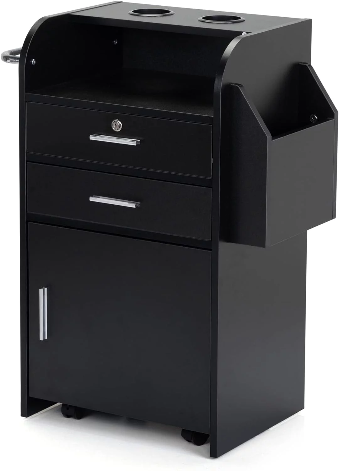 Salon Trolley Cart with Wheels,Hair Stylist Salon Station with 2 Hair Dryer Holders & 2 Drawer & 1 Large Cabinet & Towel Rack,Black