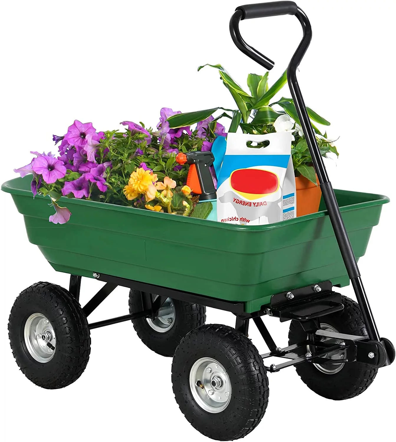 Garden Cart With Pneumatic Tires, Heavy-Duty Outdoor Dump Wagon, Durable Steel Frame & 10'' Flat Wheels Pulling Trolley Barrow For Lawns, Yards, Farms, 220 LBS Max Capacity (Green)