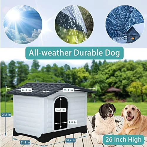 Dog House, Indoor Outdoor Dog Houses Plastic Waterproof Ventilate for Small Medium Dogs, All Weather Dog House with Air Vents and Elevated Floor, 26 Inch High