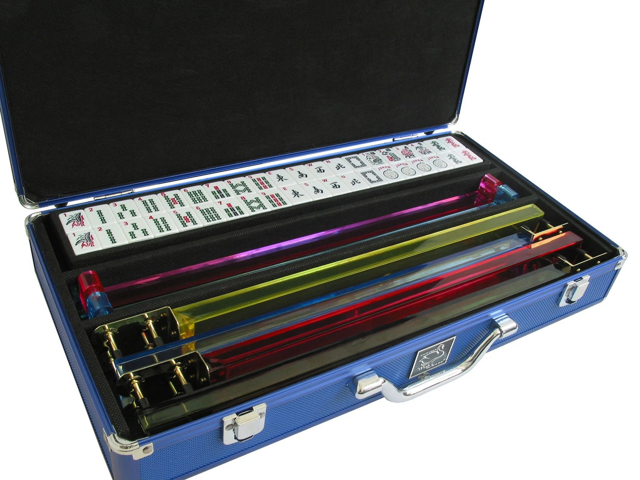 White Swan American Mahjong Set in Luggage-Style Blue Case - White/Blue Tiles - Classic Pusher Arms