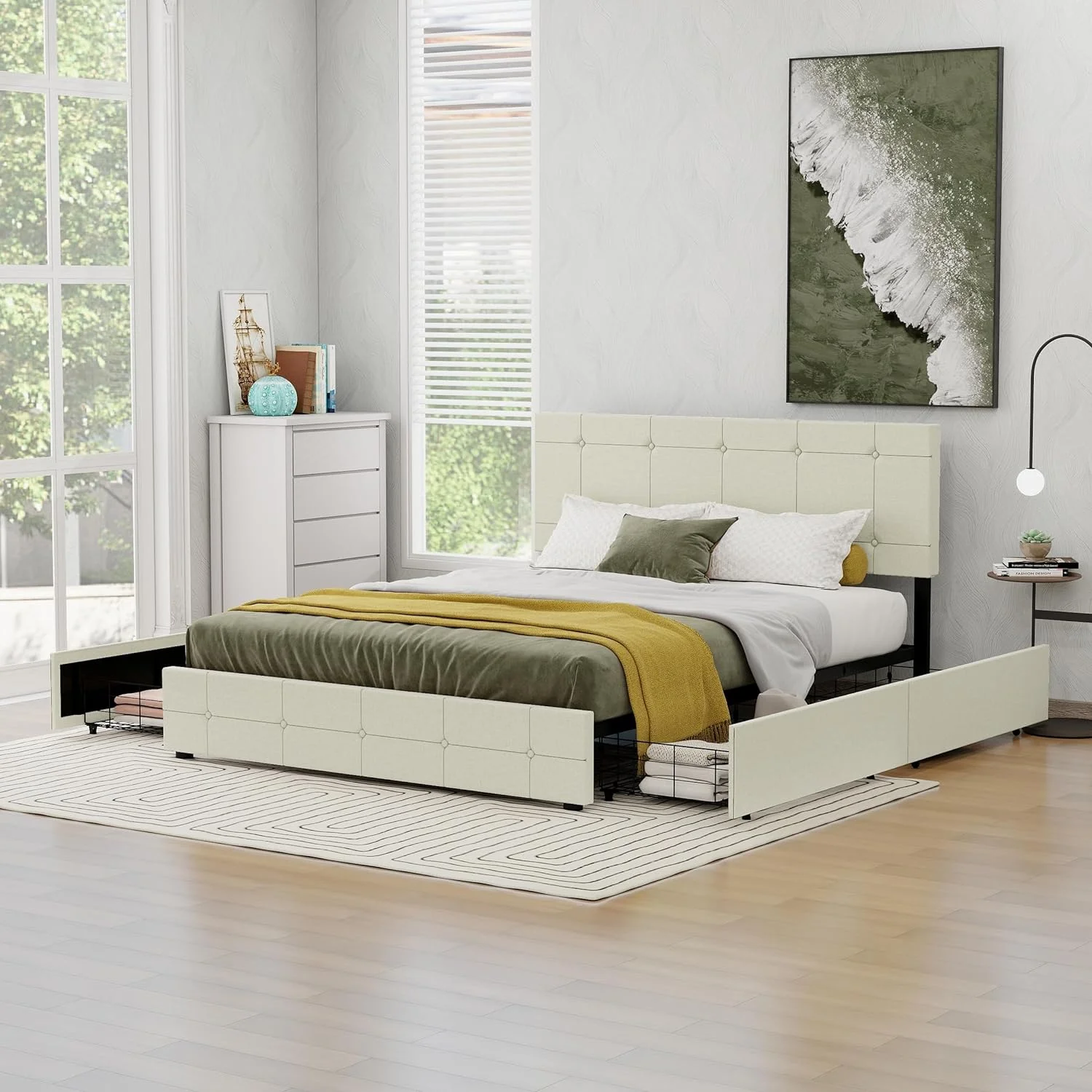 Queen Size Bed Frame with Headboard Linen Upholstered Platform with 4 Storage Drawers Wooden Slats Support Easy Assembly Beige