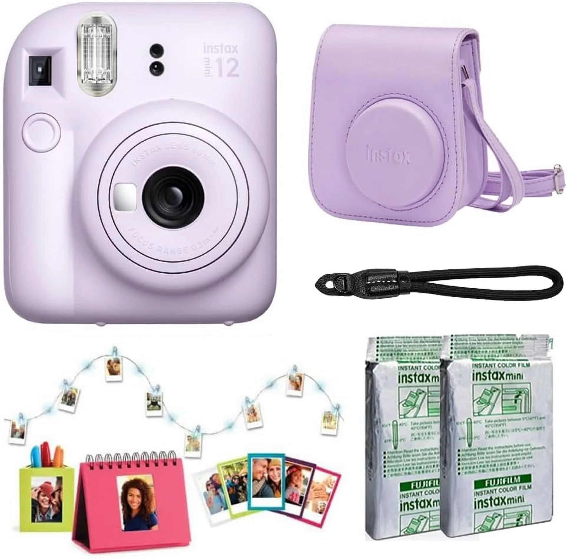 Fujifilm Instax Mini 12 Instant Camera Accessory Kit (Lilac Purple) with Instax Mini Film - Foil Pack (2 Pack), Instax Mini Accessory Kit, Rope Wrist Strap & Case