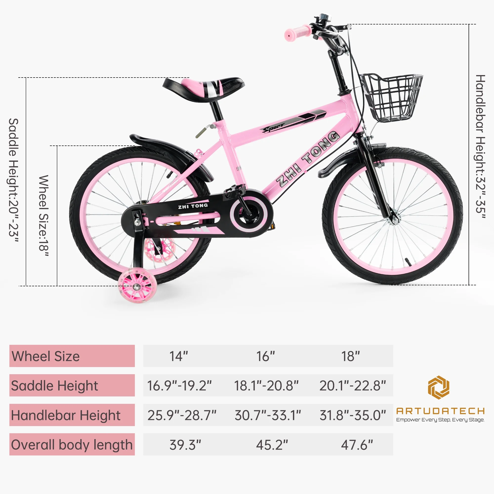 ARTUDATECH 14/16/18 Inch Kids Bike for Ages 3-10 Years Old Boys Girls, Kid's Bikes with Training Wheels, Basket, Dual Brake, Children Bicycle for Kids and Toddler Beginners, Pink/Red