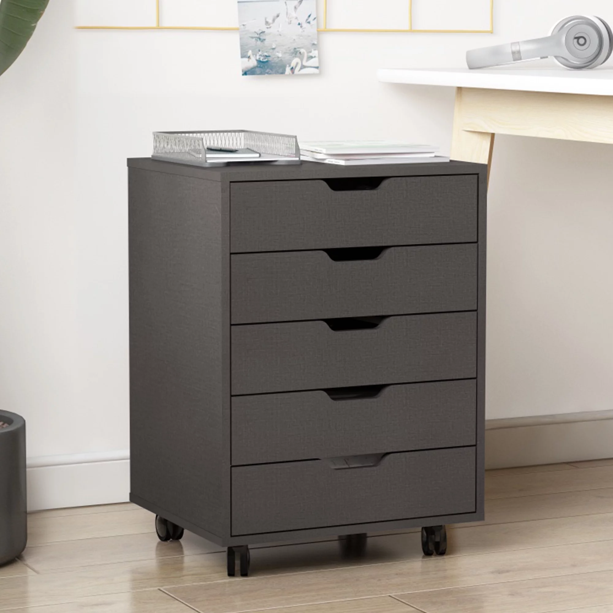 Tansole The filing cabinet has five drawers, a small rolling filing cabinet, a printer rack, an office locker, and an office pulley movable filing cabinet dark Gray