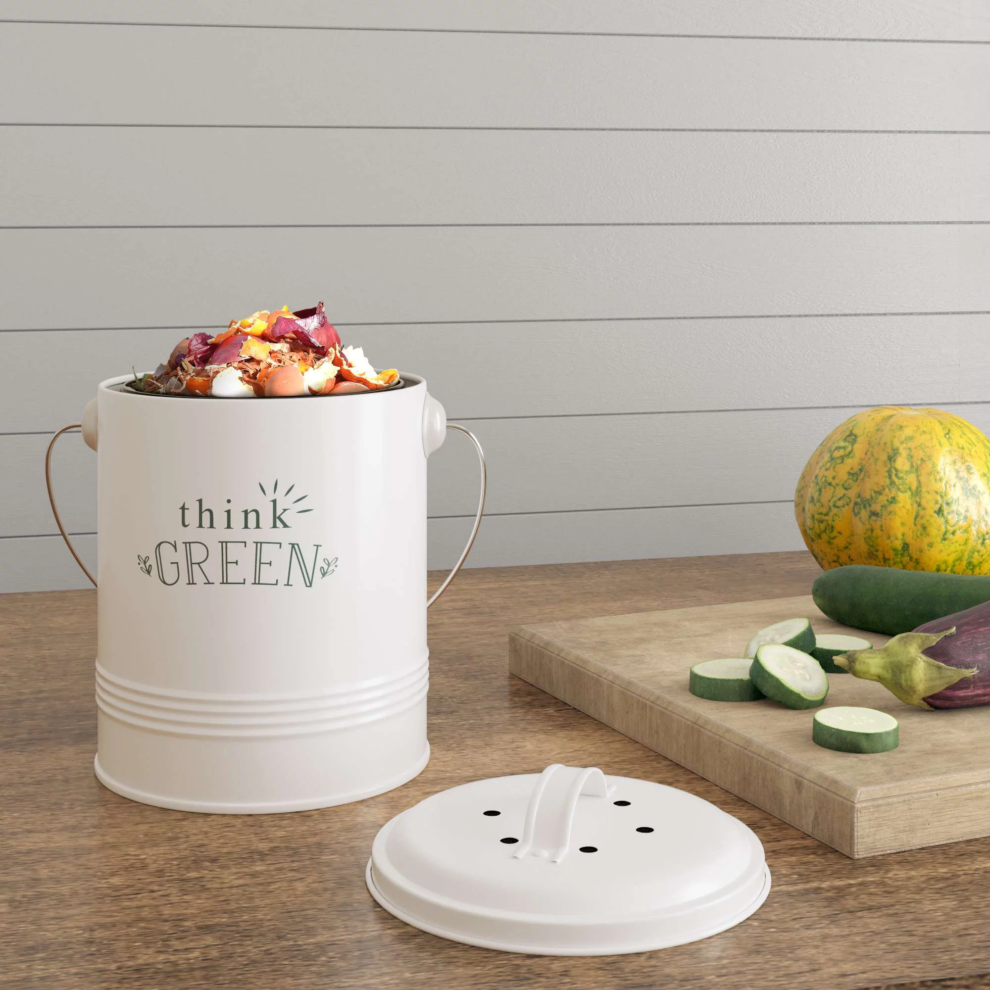 Barnyard Designs Kitchen Compost Bin Kitchen Counter Indoor Compost Bin, Countertop Compost Bin with Lid, Composting Bin Food Waste Composter Bin Cycler Bucket with Filter, 1.2 Gallon 7”x9.5”, White