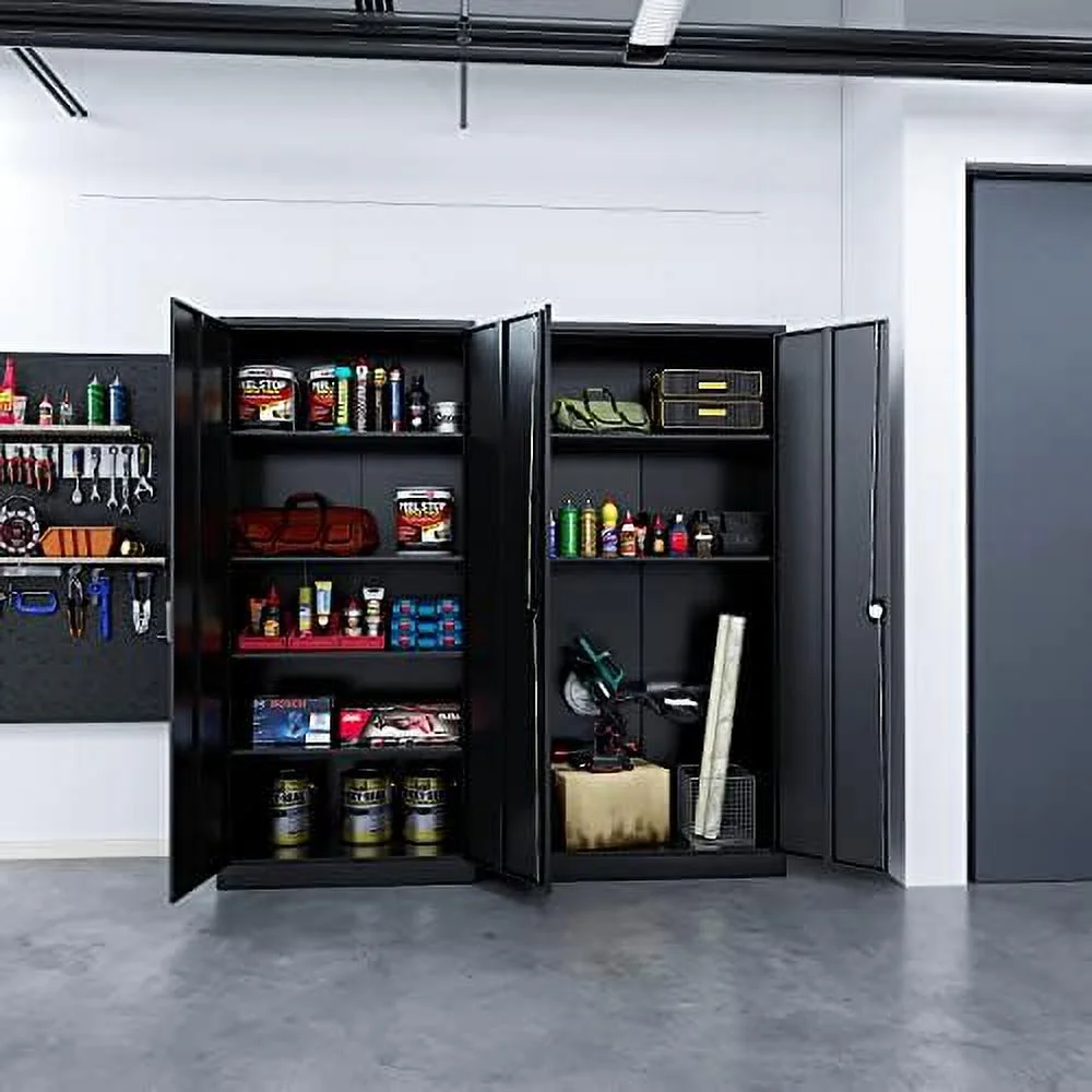 GVJMTKP Metal  Cabinet with Lock  71" Tall Steel File Locker with 2 Adjustable Shelves and 4 Doors  Tall Cabinet for Office  Garage  Home  Pantry (Grey White)