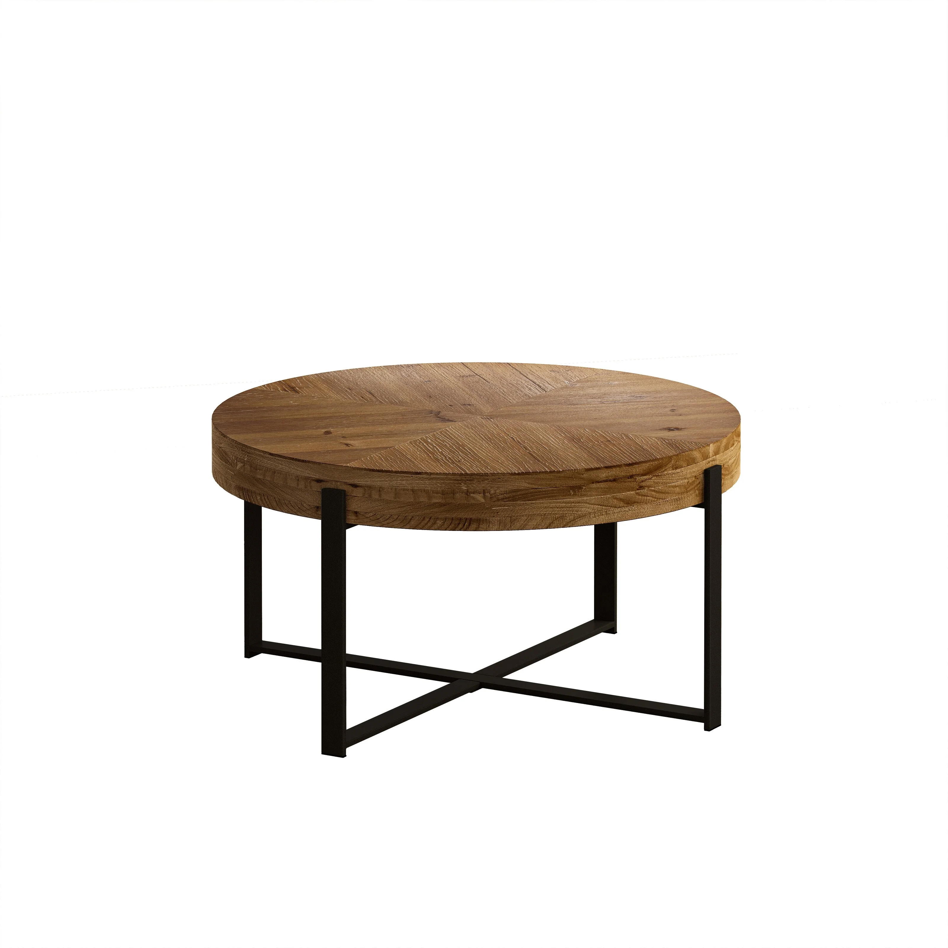 Modern Retro Splicing Round Coffee Table,with Cross Legs Metal Base Natural+Black-33.86