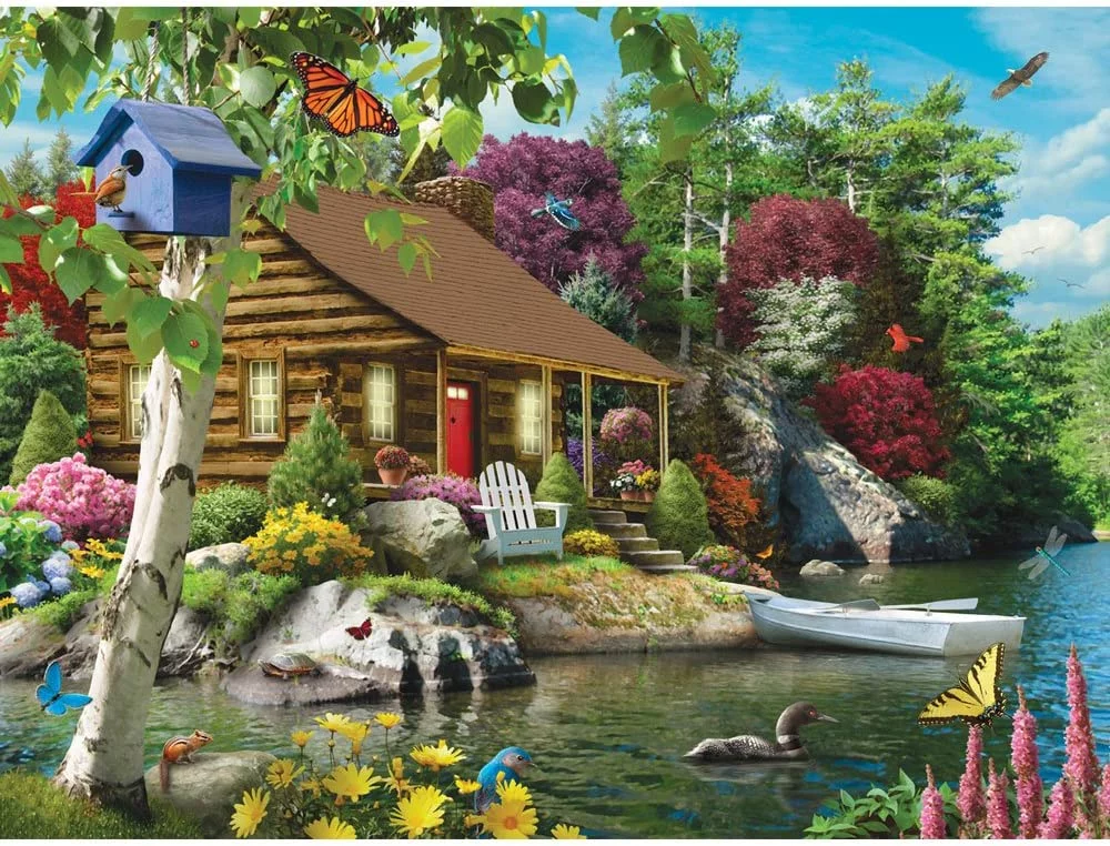 Bits and Pieces - 500 Piece Jigsaw Puzzle for Adults - Cabin on The Lake by Artist Alan Giana - Measures 18