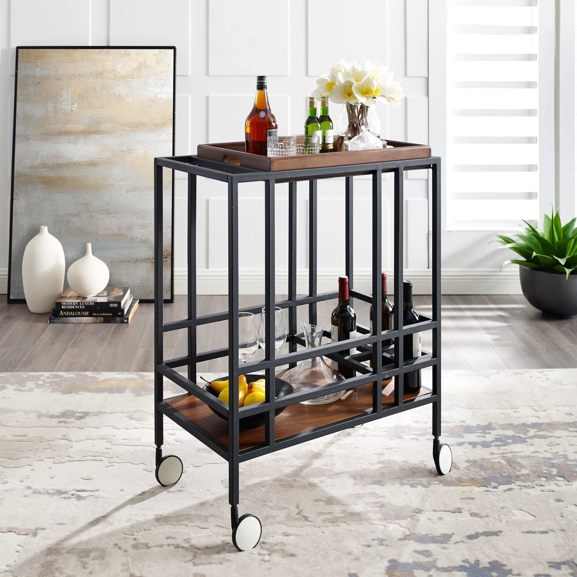 Kelsey Serving Bar Cart-Removable Tray-Wine Bottle and Stemware Storage-Casters-Inspired Home