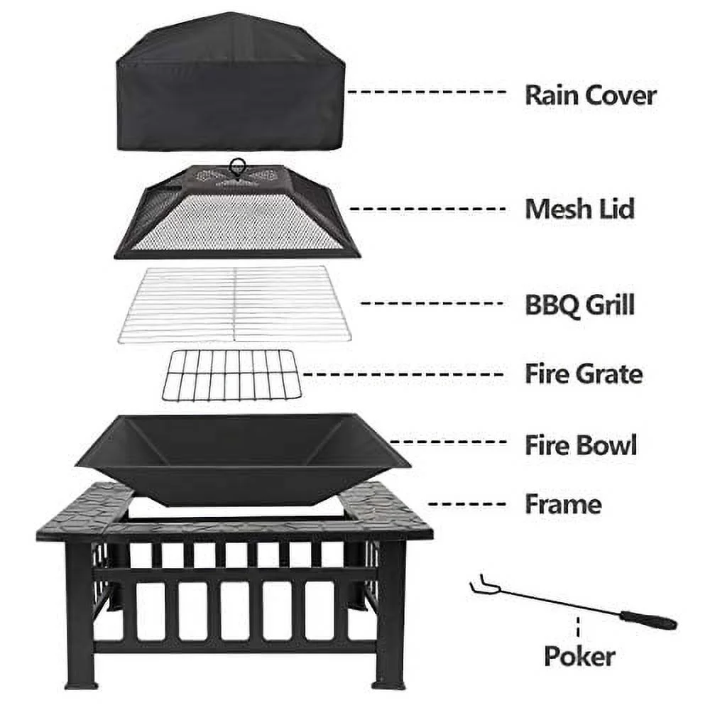 LEMY 32 inch Outdoor Fire Pit Square Metal Firepit Backyard Patio Garden Stove Wood Burning Fire Pit W/Rain Cover, Faux-Stone Finish