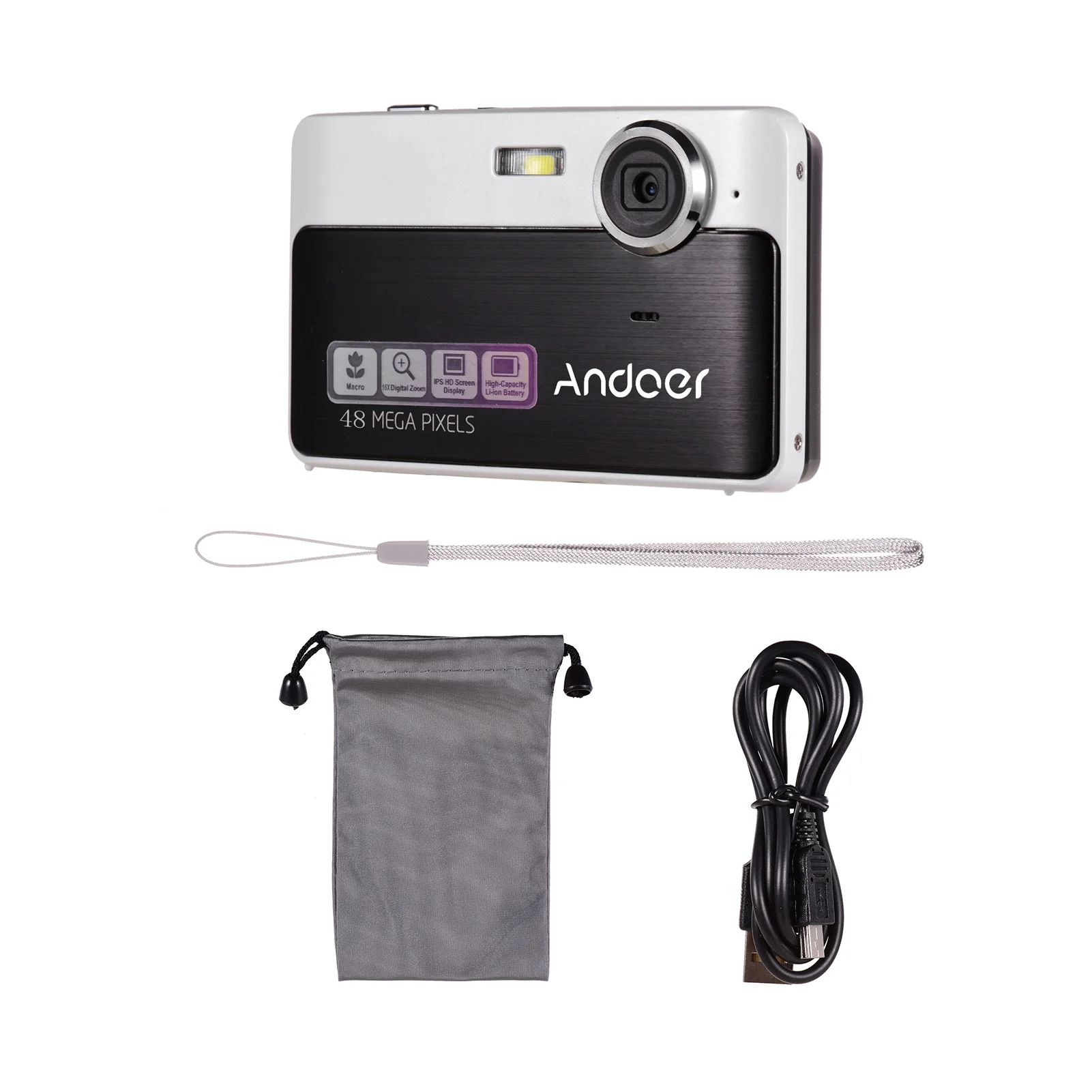 Compact Digital Camera Video Camcorder, Andoer 4K 48MP 2.4 Inch IPS Screen, 16X Digital Zoom, Smile Capture, Built in Flash Perfect Christmas Present for Teens