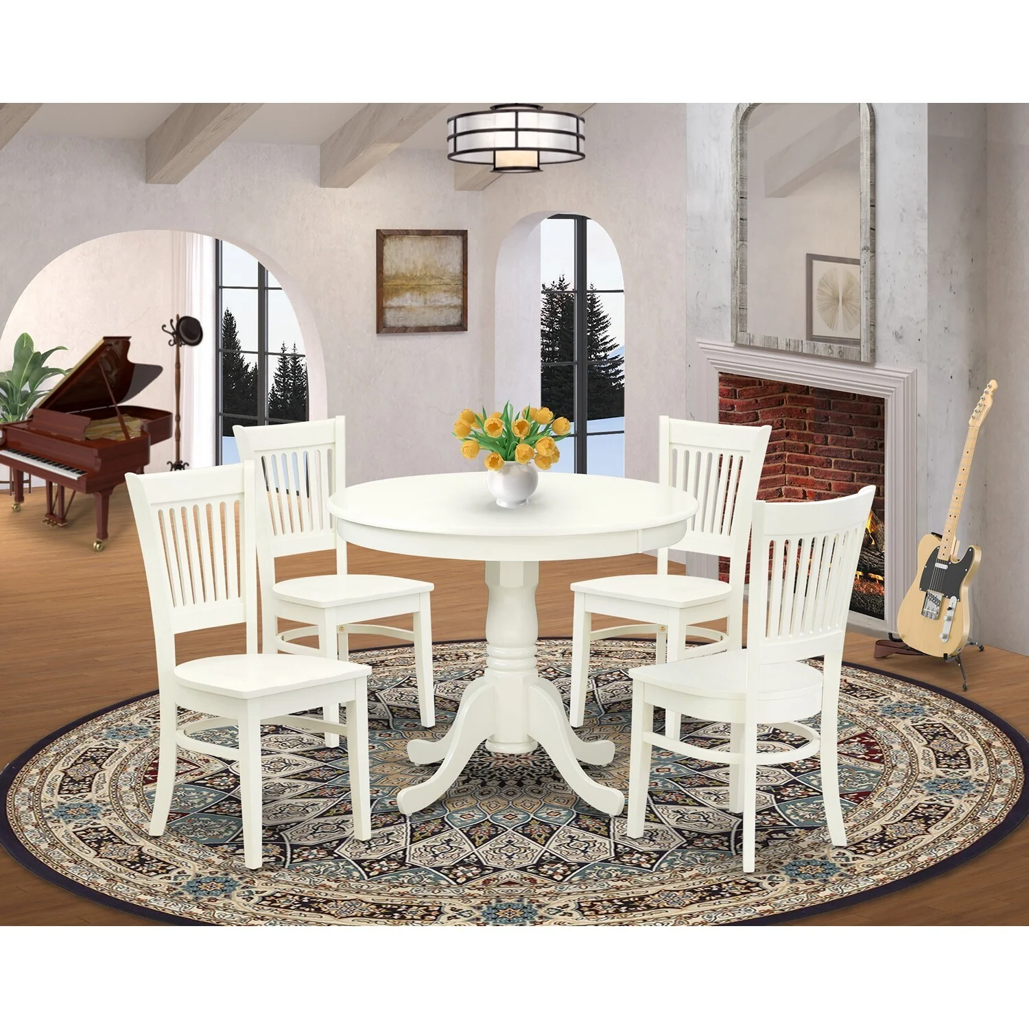 HomeStock Farmhouse Fresh 5Piece Kitchen Dining Set 4 Wooden Chair And Dining Table Wooden Seat And Slatted Chair Back Linen White Finish