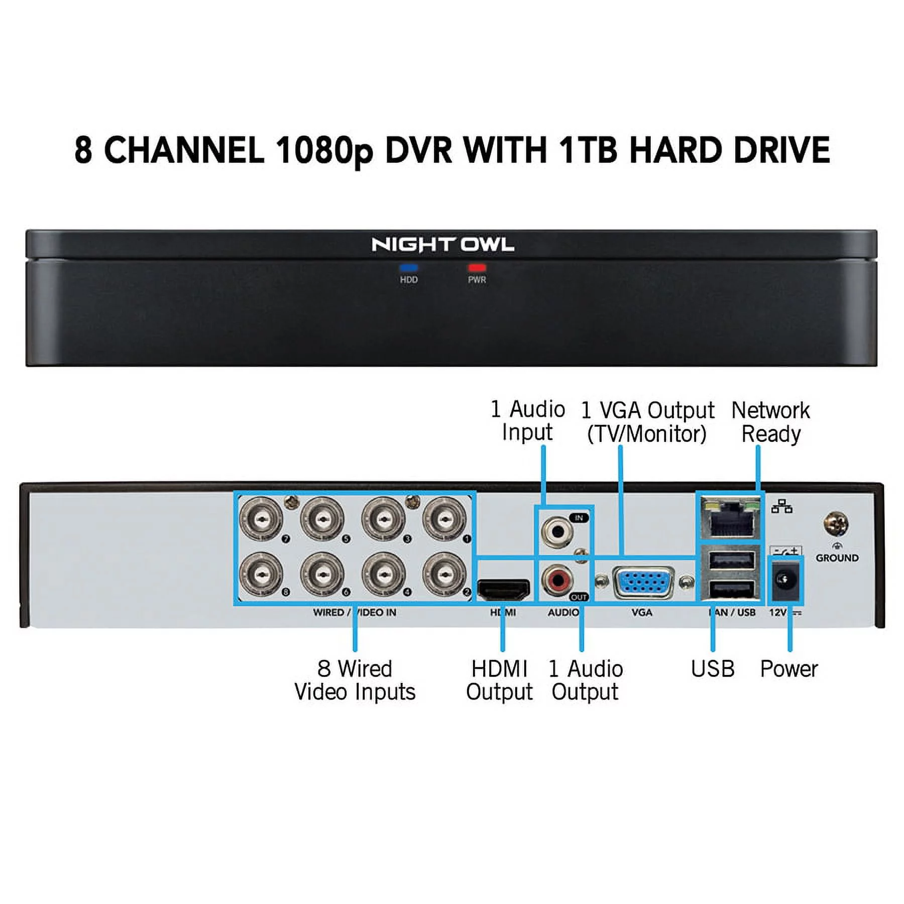 Night Owl 8 Channel 1080p DVR with Human Detection Technology, 1 TB HDD and 4 x 1080p Wired Cameras